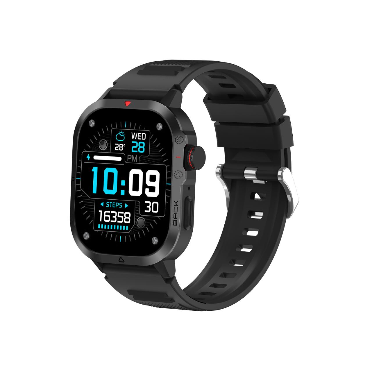 Montre connectée noire avec écran numérique : 10:09, 16358 pas, 28 degrés.