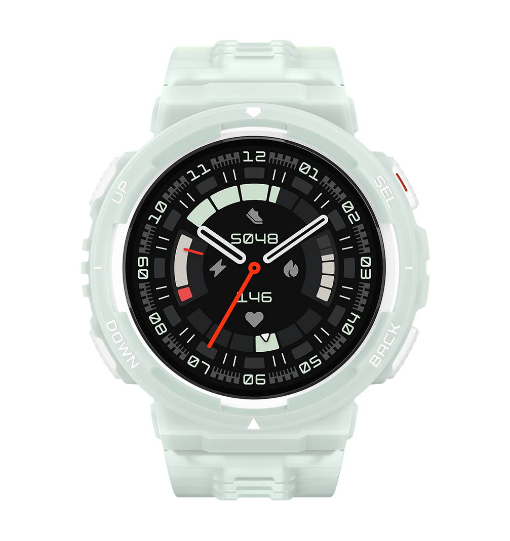 Eine hellgrüne Smartwatch mit schwarzem Zifferblatt und roten Akzenten.