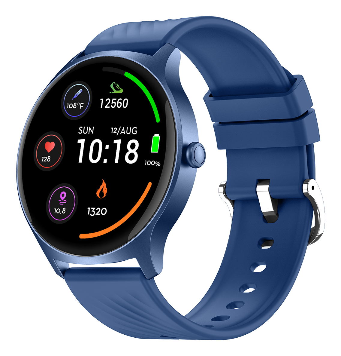 Orologio smart blu con ora, data, passi, battito cardiaco, temperatura e batteria.