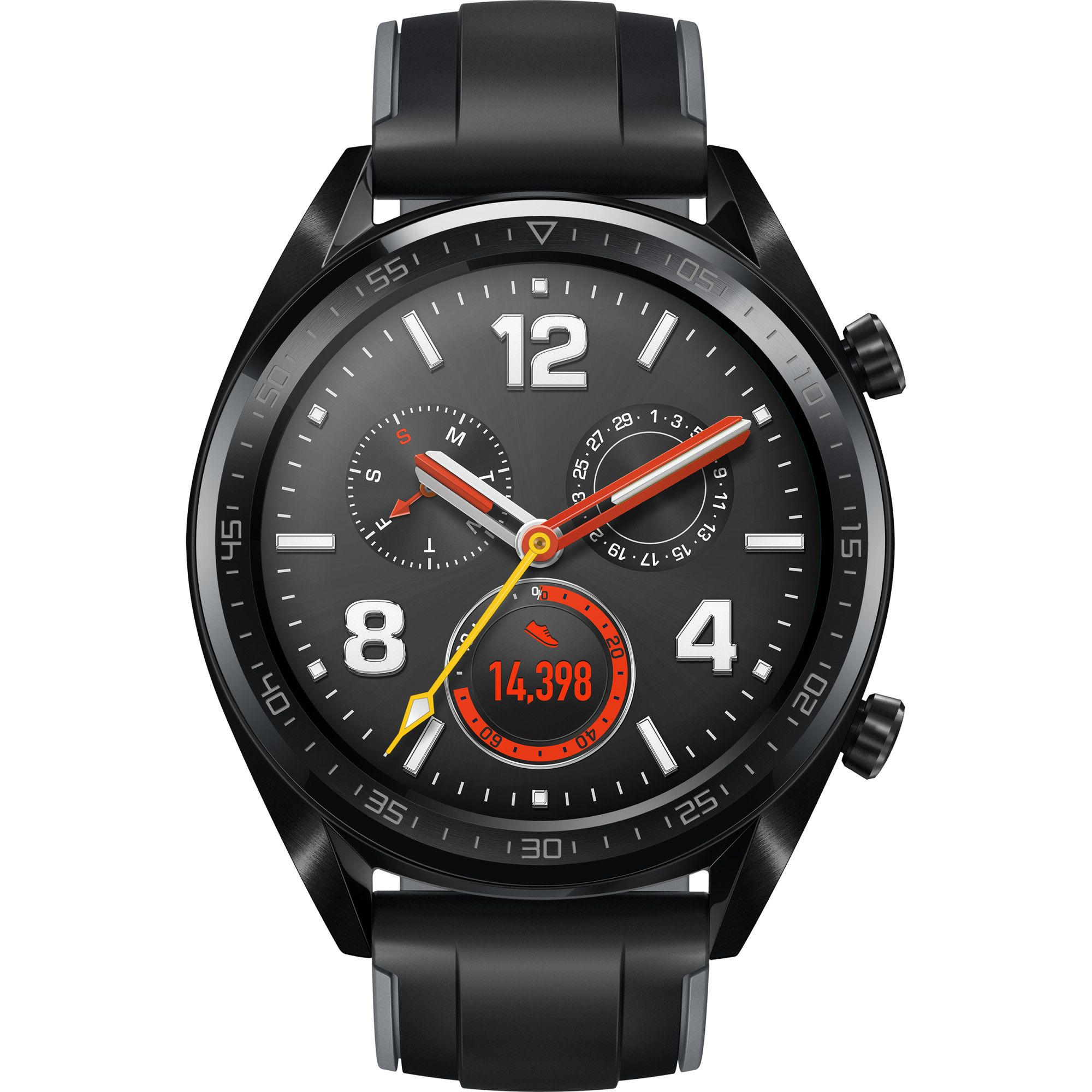 Schwarze Smartwatch mit rundem Zifferblatt, roten Zeigern und Schrittzähler.