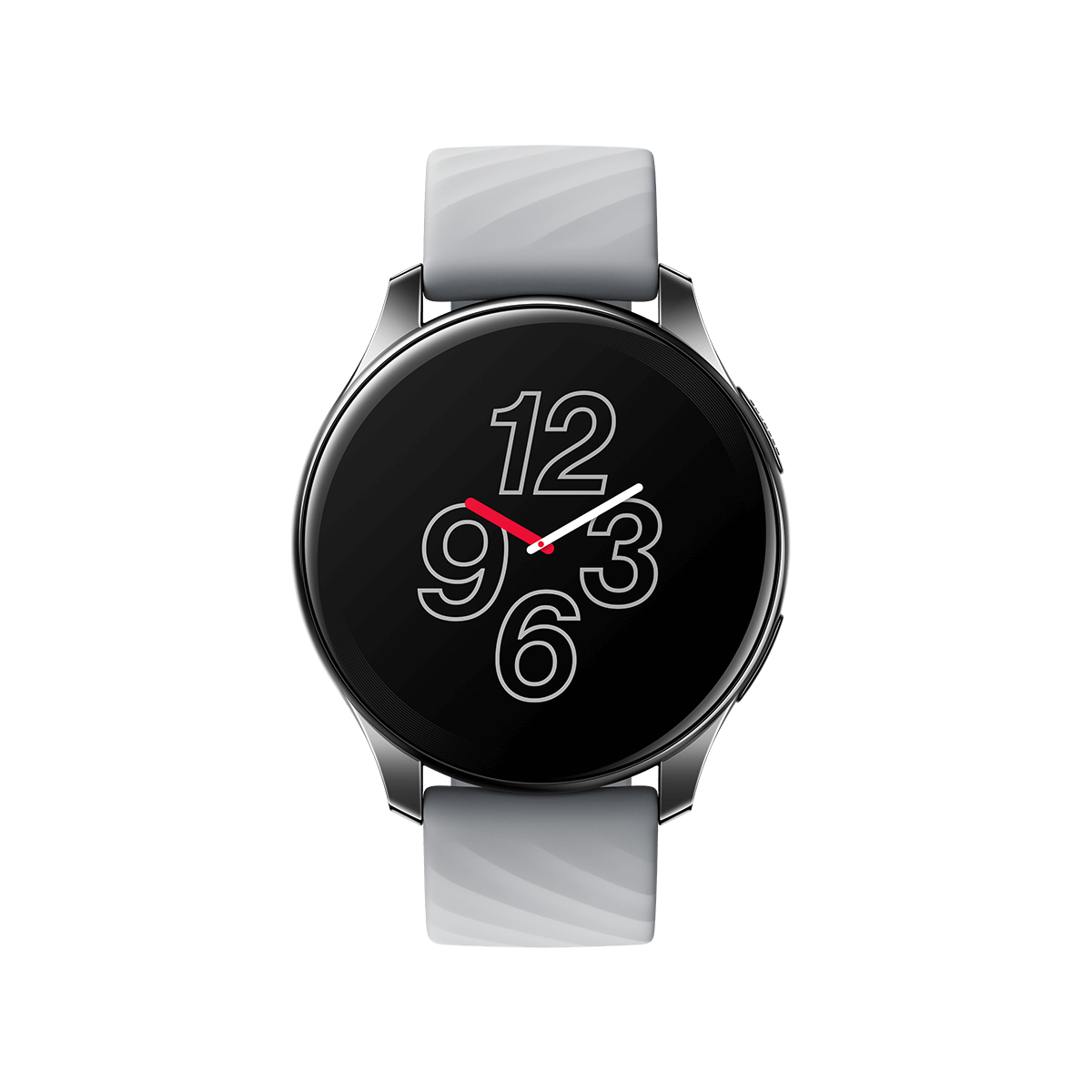 Eine runde Smartwatch mit grauem Armband und schwarzem Zifferblatt mit weißen Zahlen.