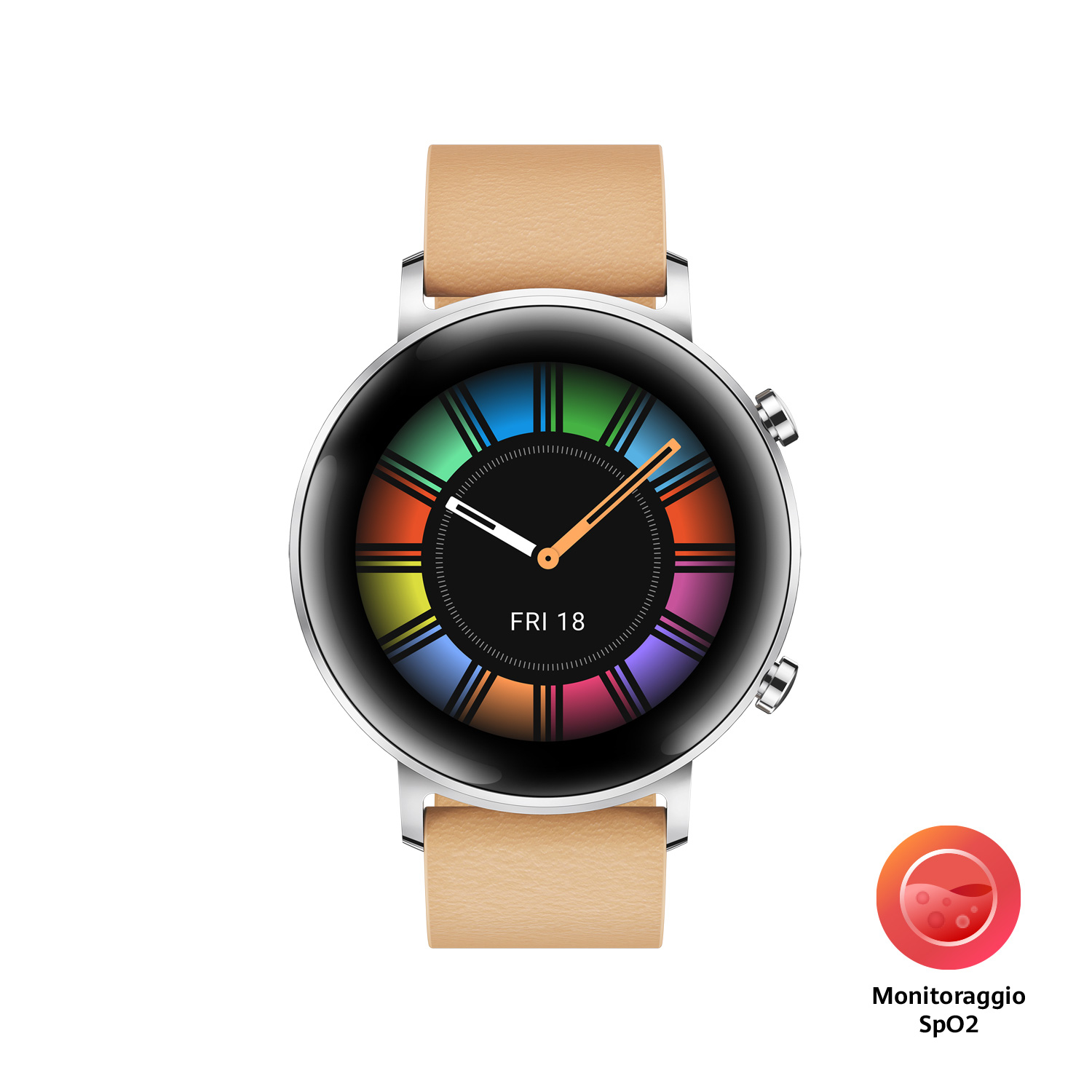 Eine Smartwatch mit braunem Lederarmband und buntem Zifferblatt. Rechts daneben ein SpO2-Symbol.