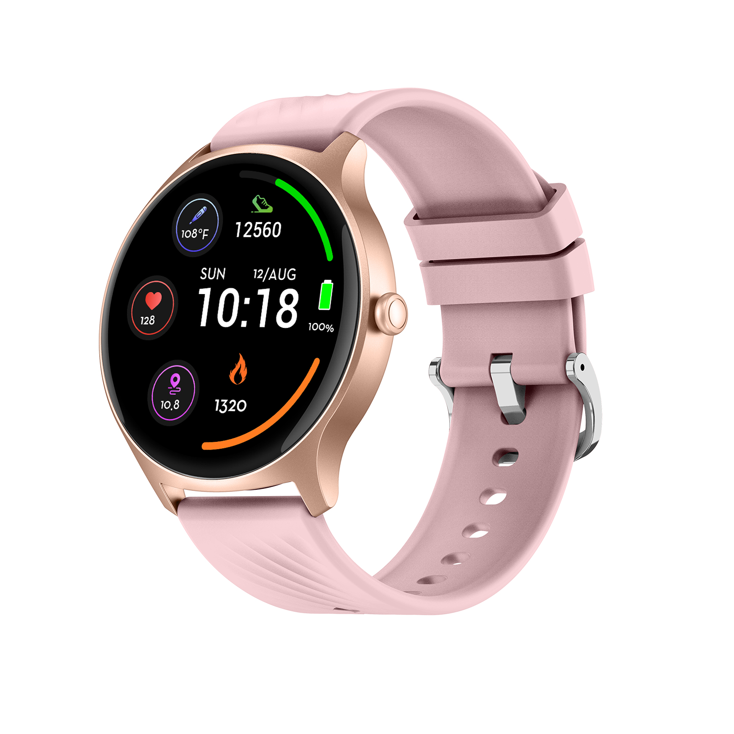 Une montre connectée rose avec boîtier doré et écran numérique.