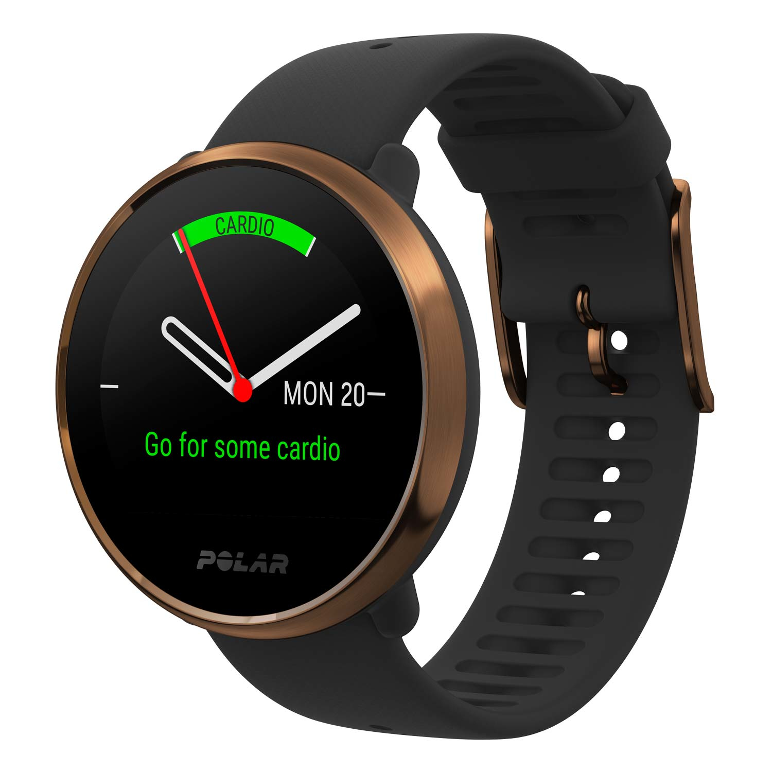 Smartwatch nero con ghiera color rame, mostra "Go for some cardio".