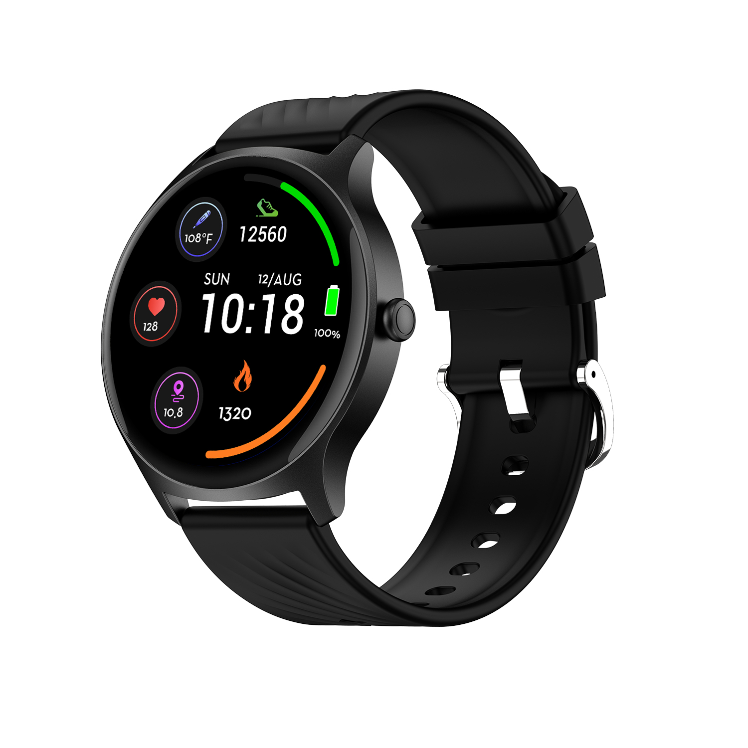 Schwarze Smartwatch mit rundem Display, zeigt 10:18 Uhr, Datum, Herzfrequenz, Schritte.