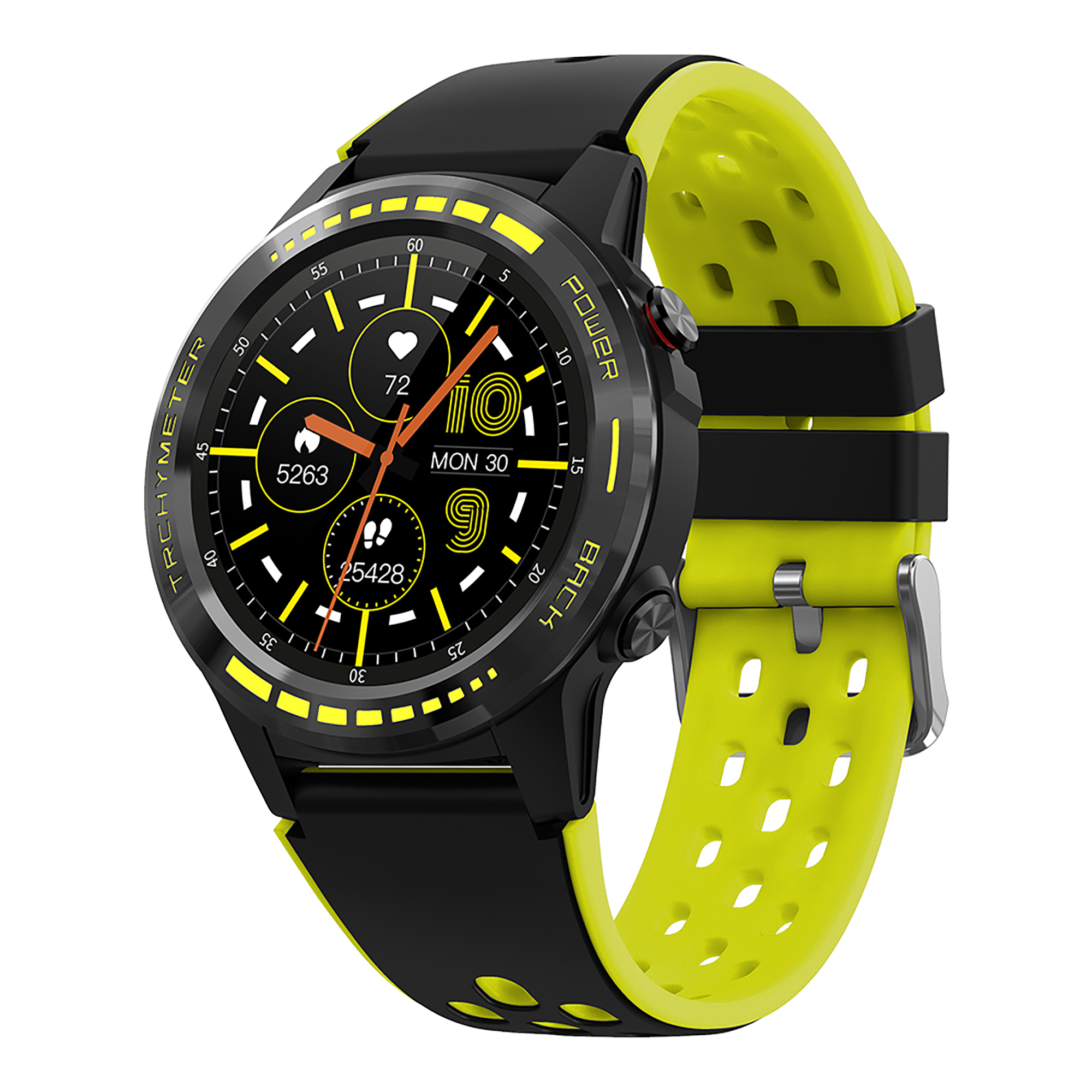 Uno smartwatch nero con cinturino giallo che mostra 72, 5263 e 25428.