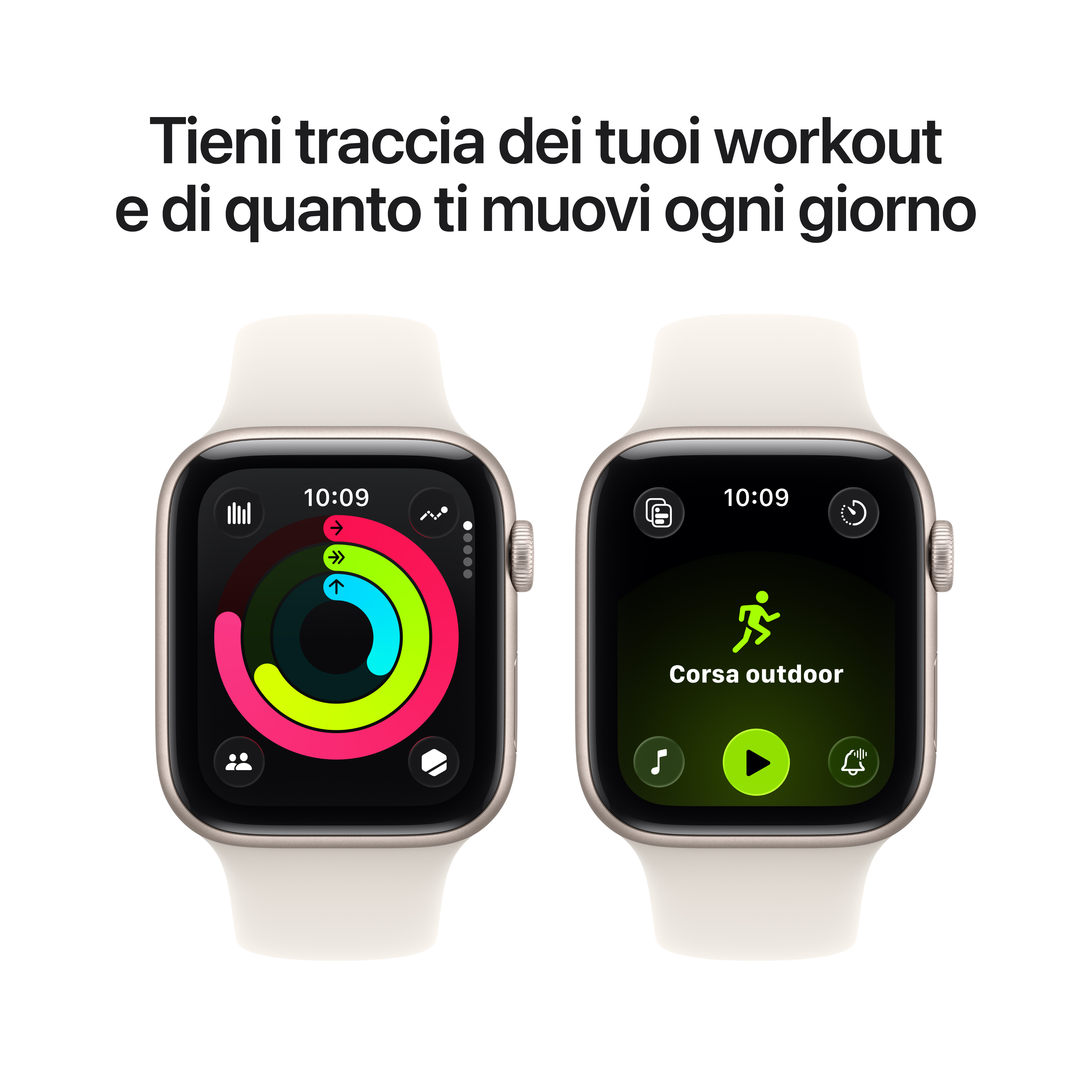 Dwa zegarki Apple Watch, jeden z pierścieniami aktywności, drugi z aplikacją do biegania.