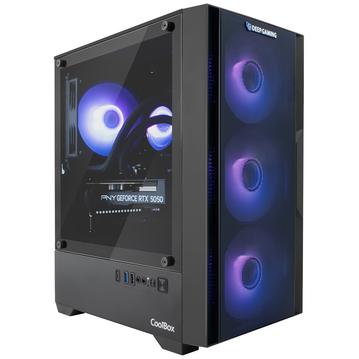 Una torre de PC negra con panel lateral transparente que muestra ventiladores y componentes iluminados en azul y púrpura.