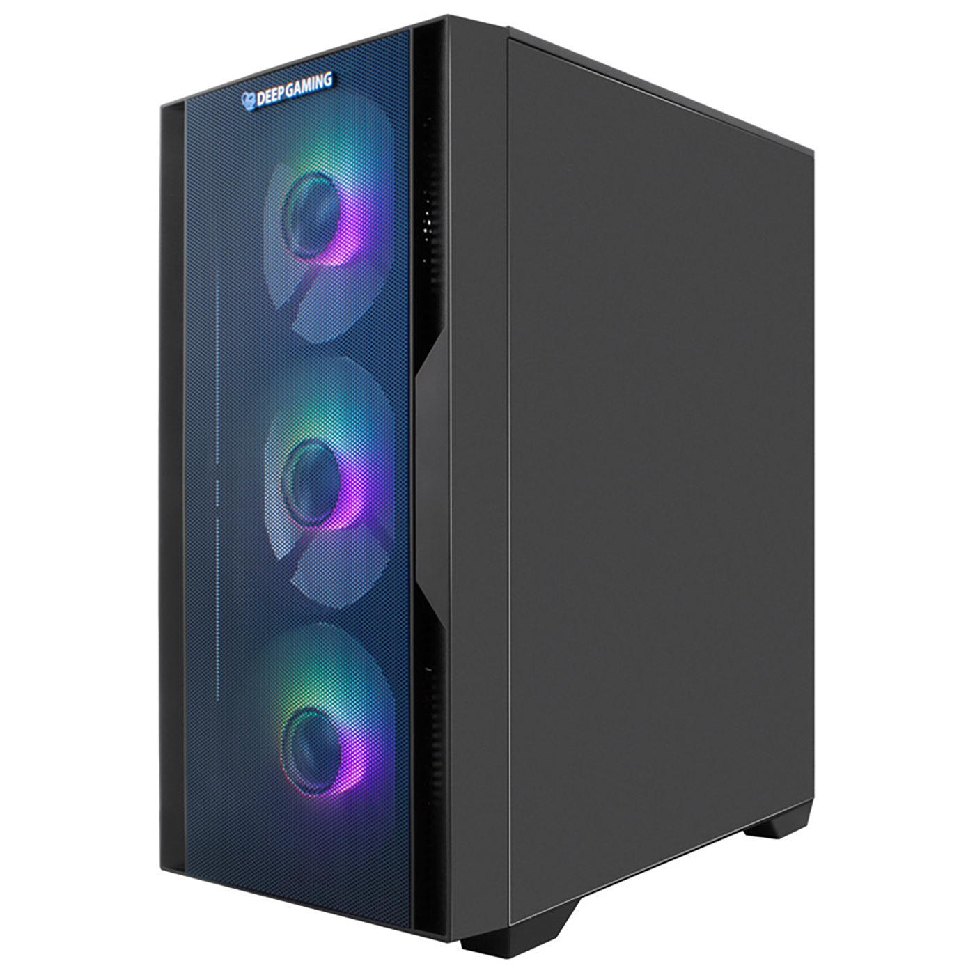 Caja de PC negra con ventiladores iluminados y frente de cristal.