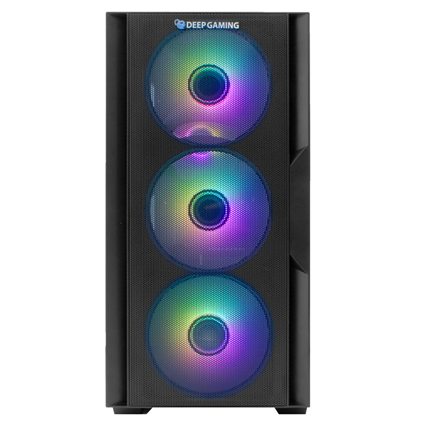 Caja de PC negra con tres ventiladores RGB iluminados en el frontal.