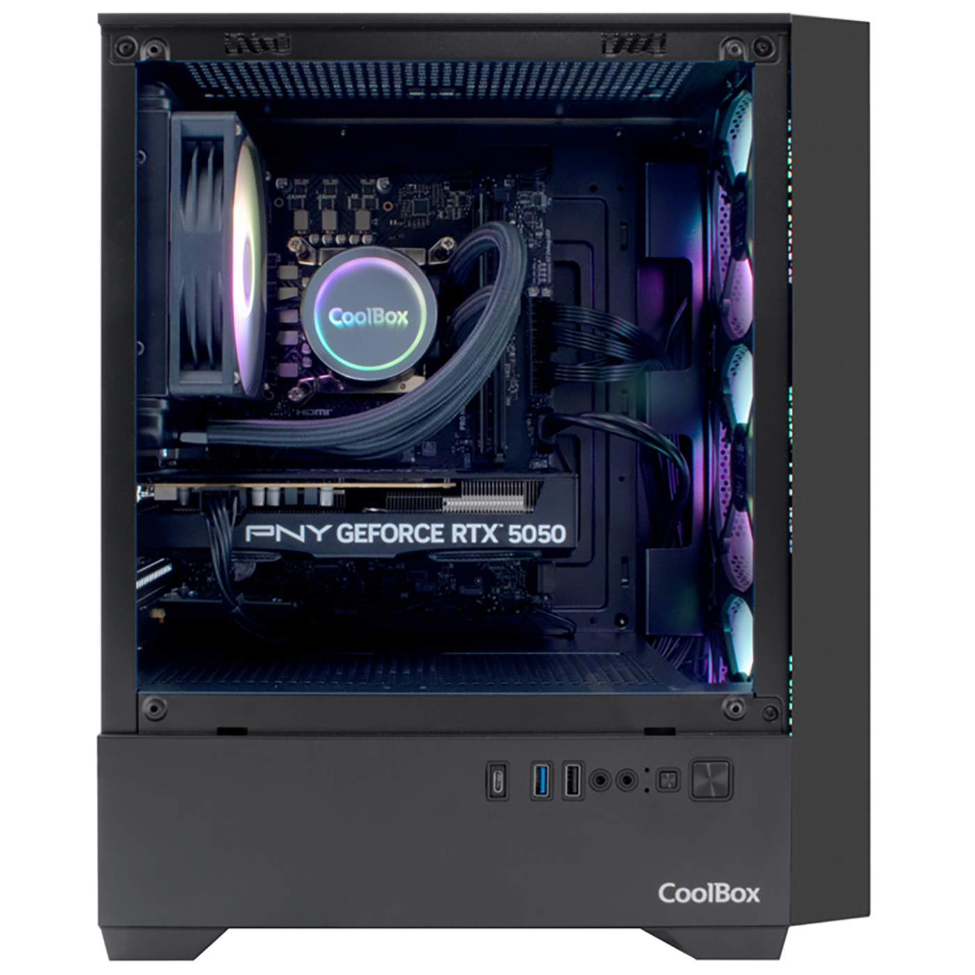 Torre de PC con ventiladores RGB, tarjeta gráfica RTX 5050 y refrigerador CPU CoolBox.