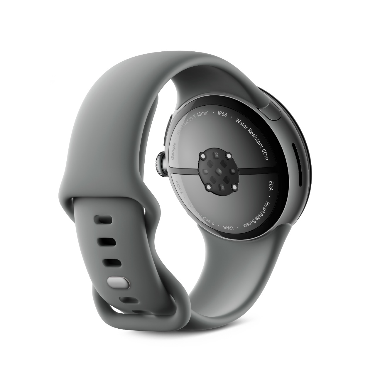 Szary smartwatch z czujnikiem tętna i oceną IP68.