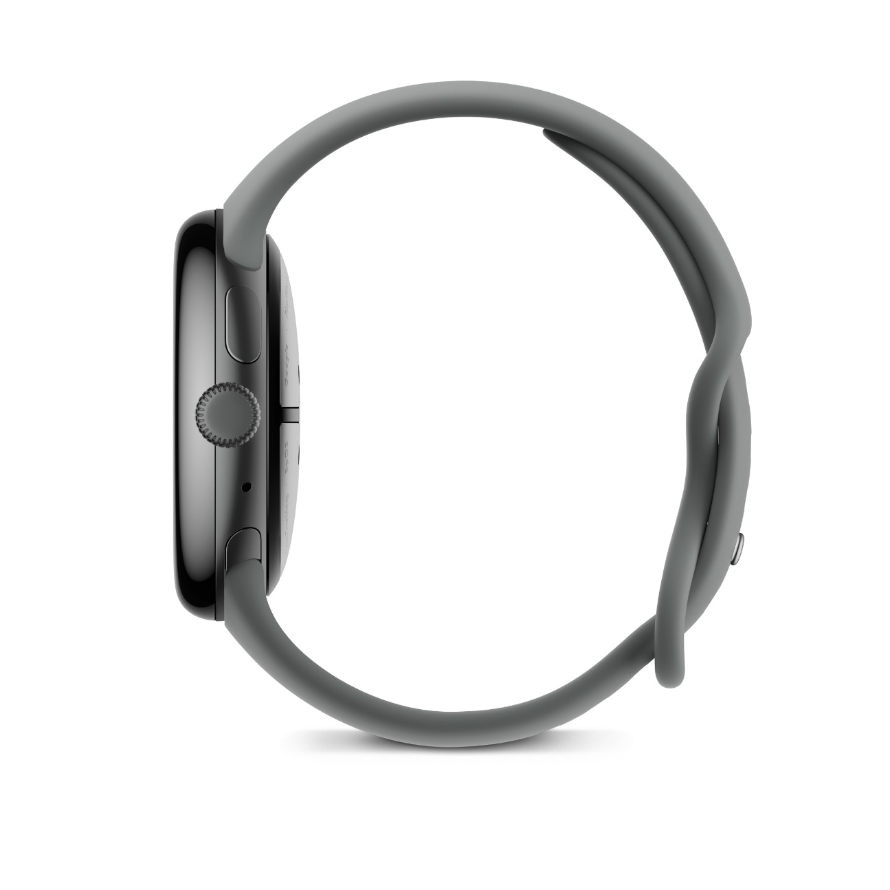 Szara inteligentna zegarek ze srebrną obudową i obrotową koroną, na białym tle.