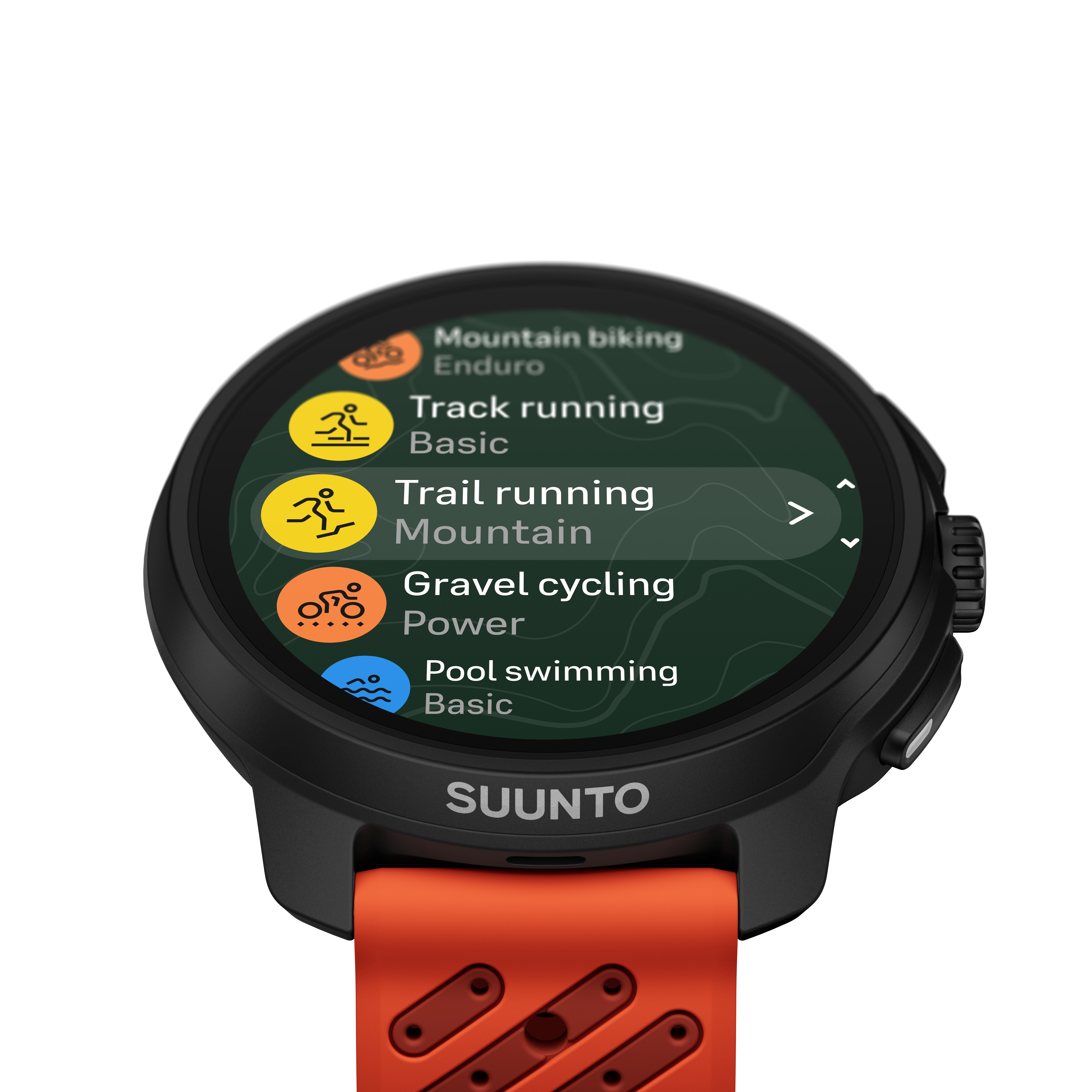 Un orologio Suunto che mostra modalità sportive come mountain bike, corsa e nuoto.