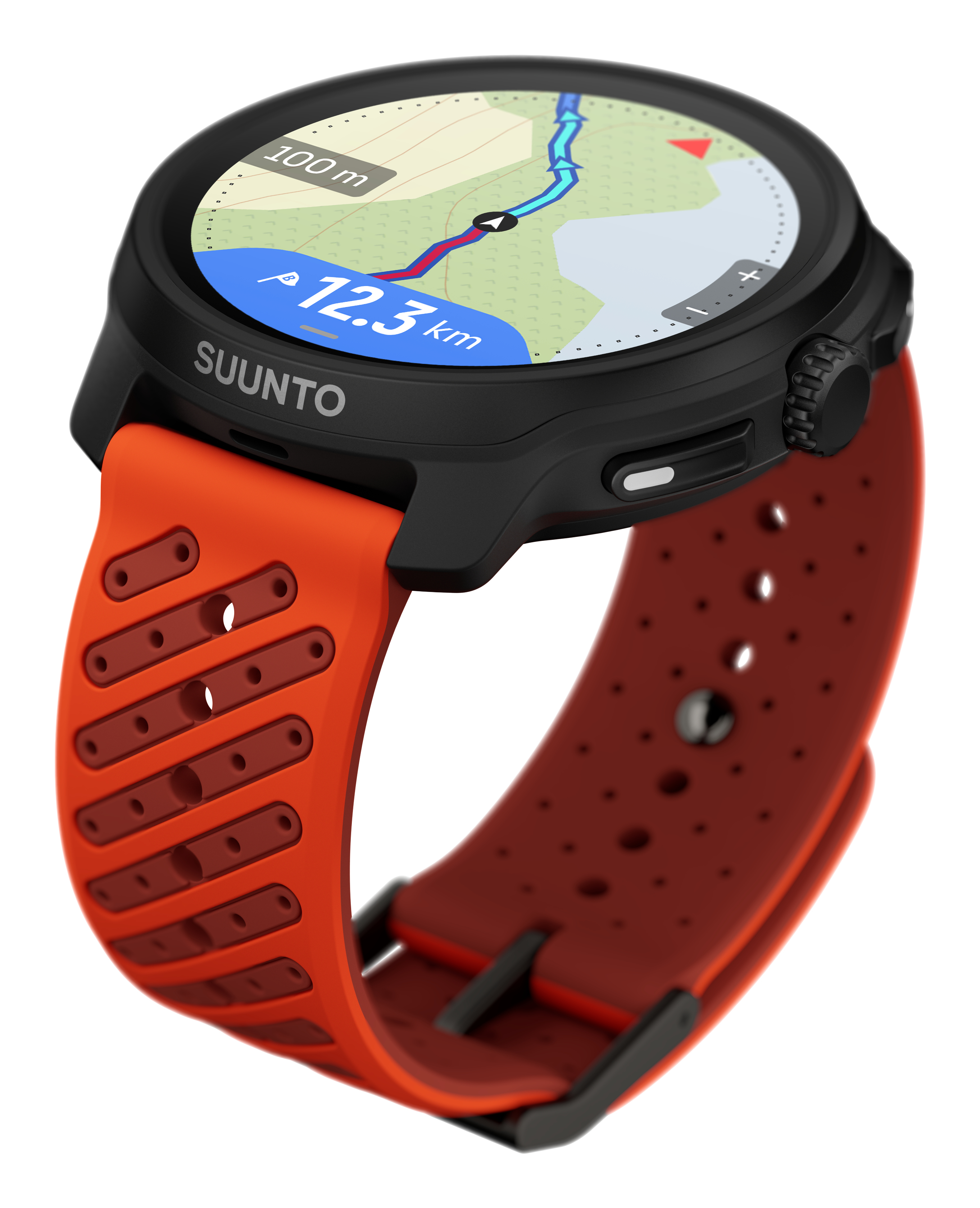 Uno smartwatch Suunto arancione con mappa di navigazione e distanza 12,3 km.