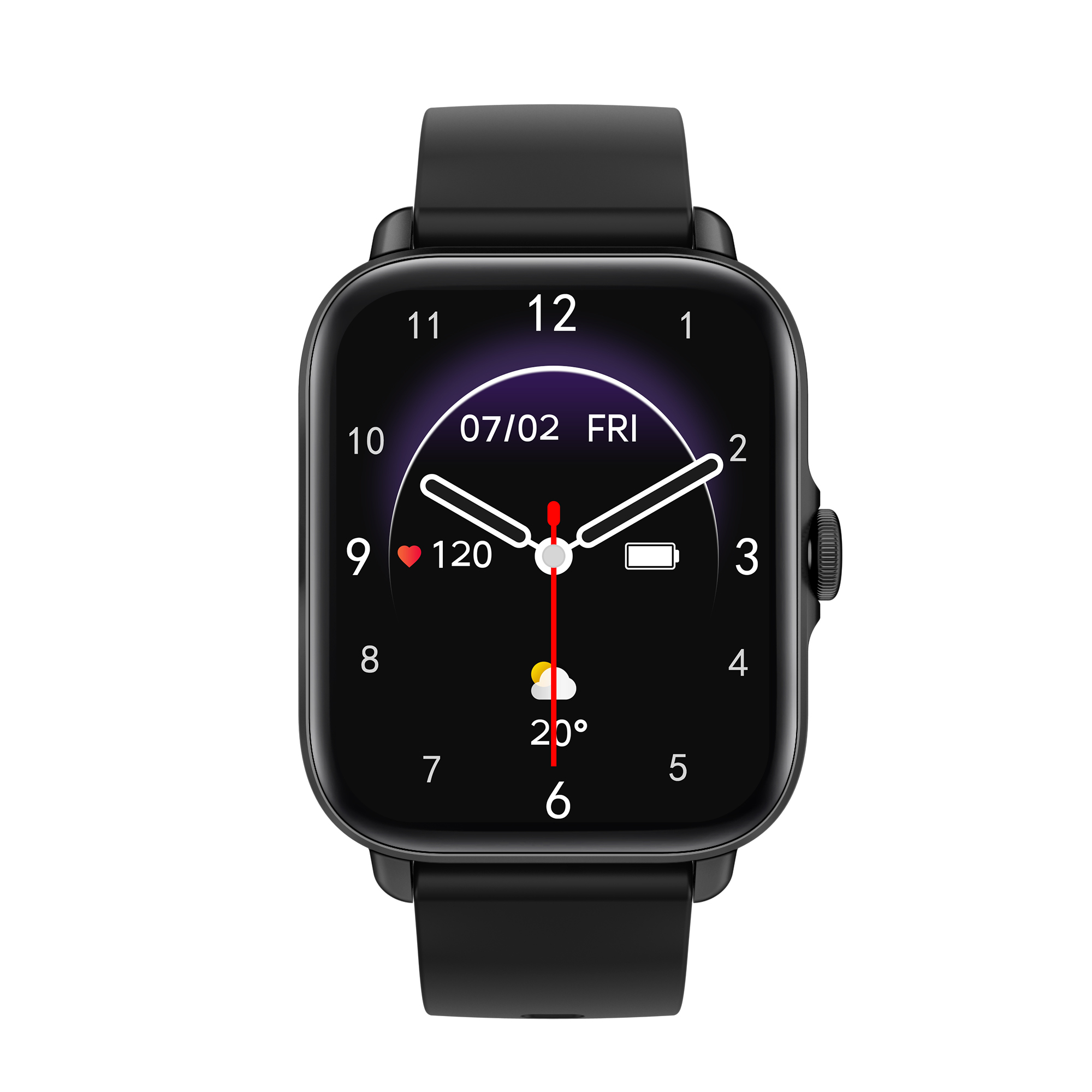 Reloj inteligente negro con esfera: fecha, ritmo cardíaco, batería, clima.
