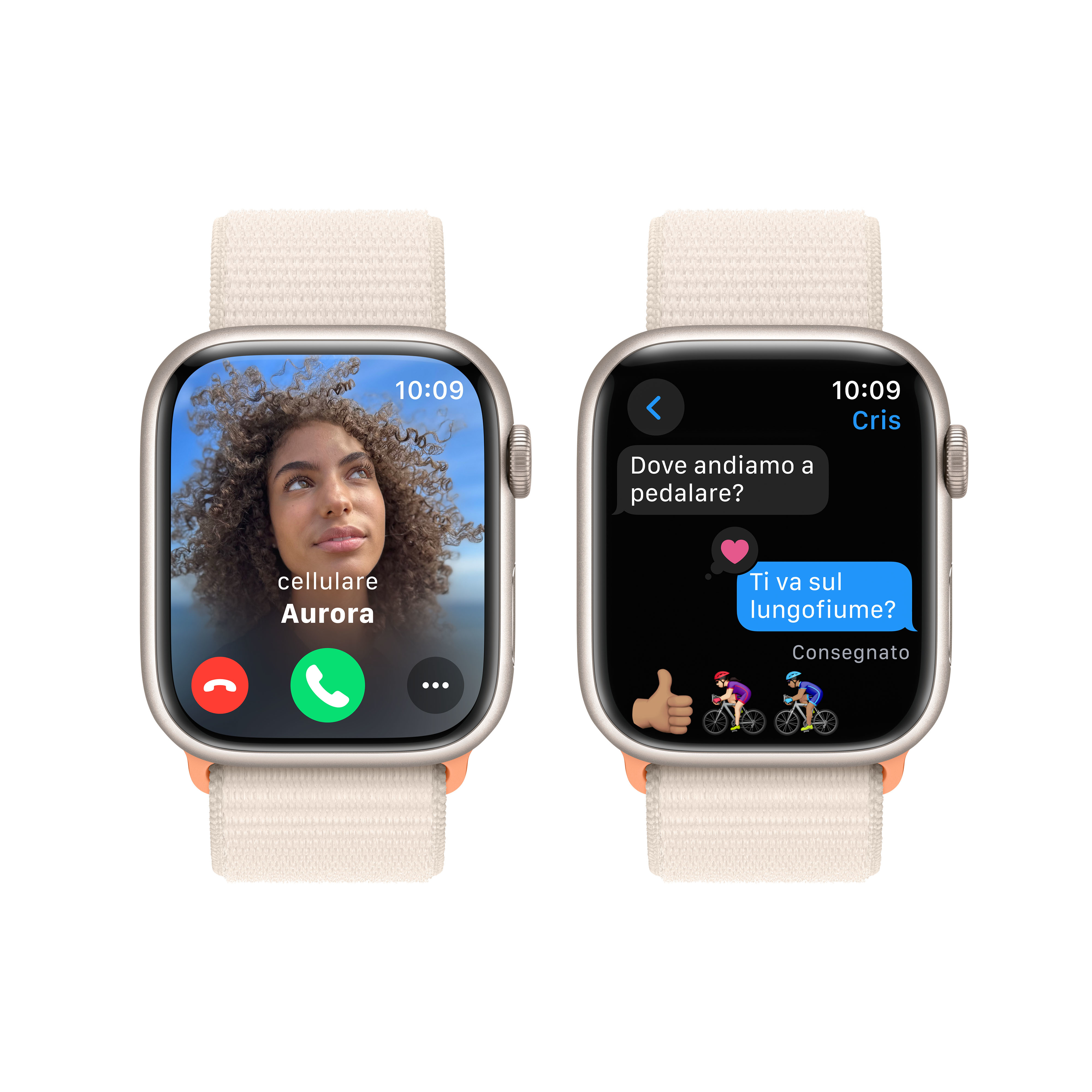 Apple Watch con pantallas de llamada y chat: Mujer en videollamada, mensaje a Cris.