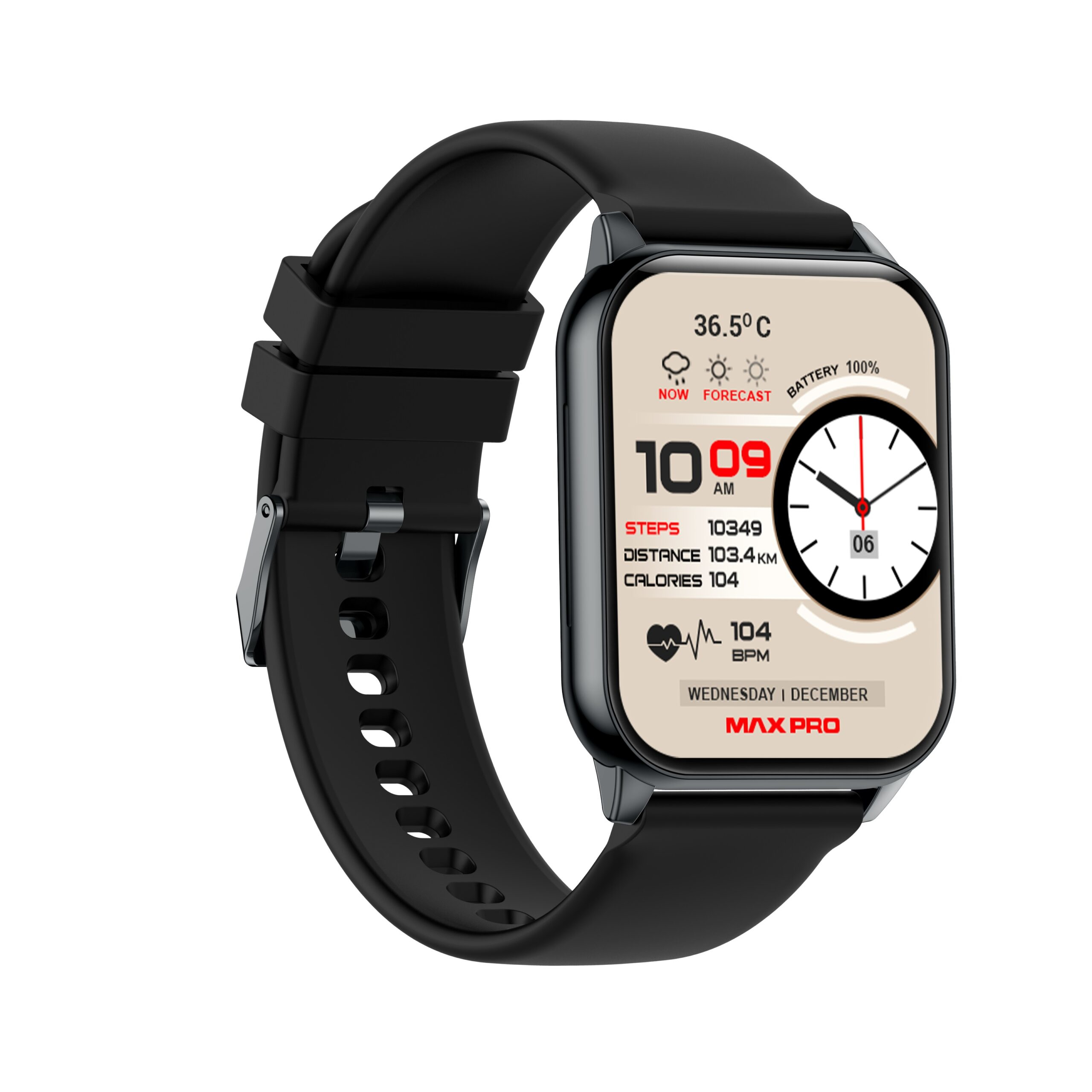 Schwarze Smartwatch mit beige Zifferblatt zeigt 36.5°C, 10:09 Uhr, 10349 Schritte, 104 BPM.