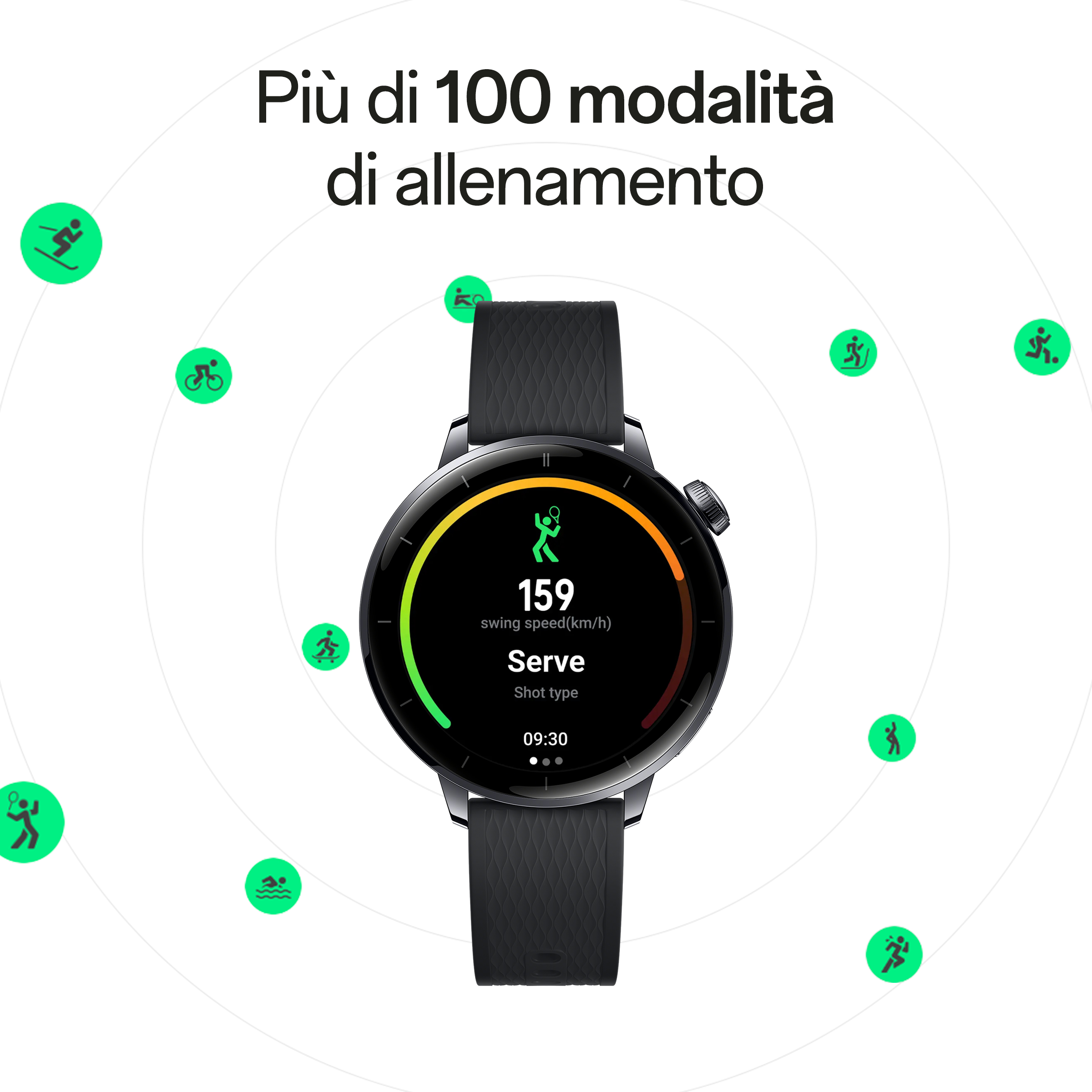 A smartwatch displays 'Serve' with a swing speed of 159 km/h.