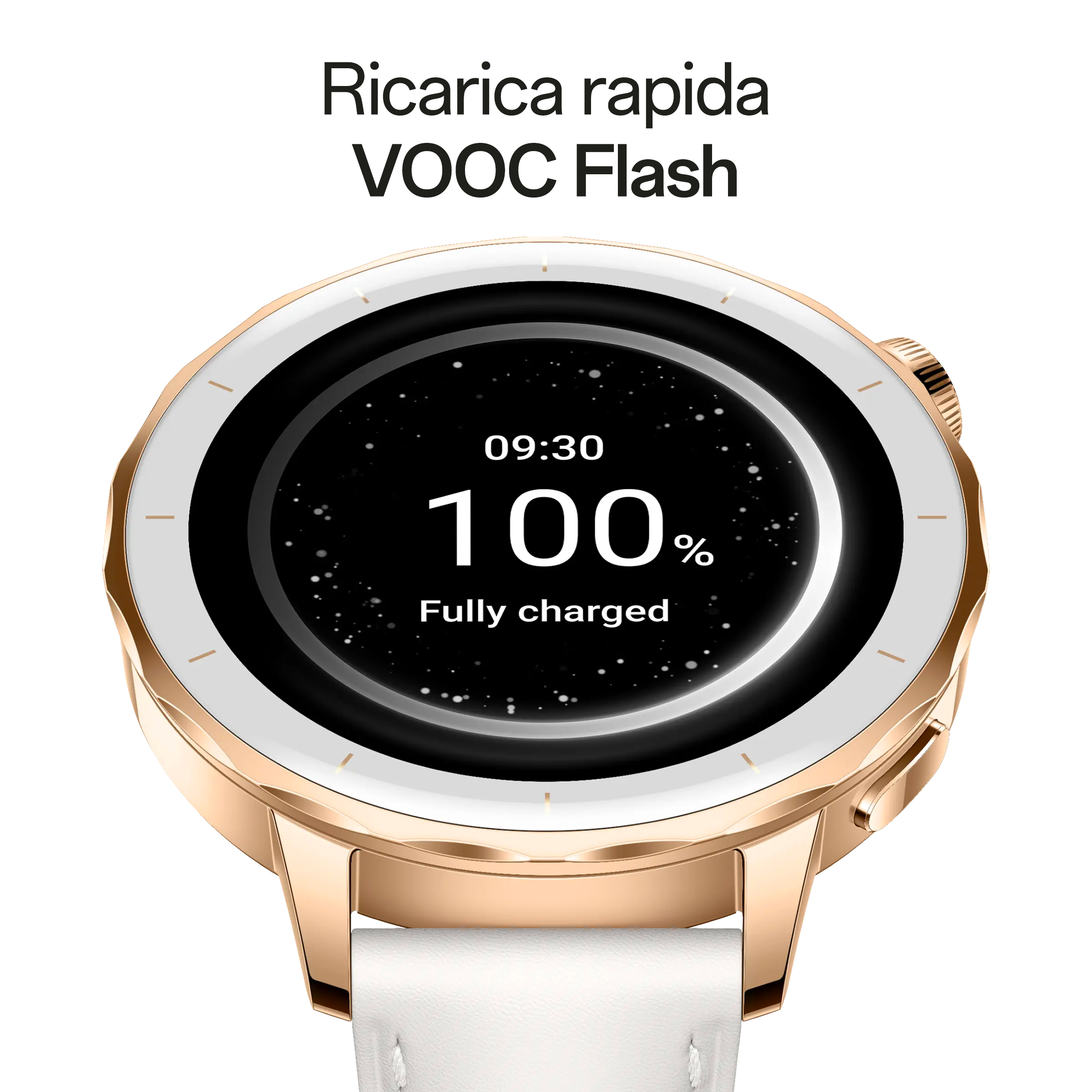 A gold smartwatch displays 100% charged, 09:30.