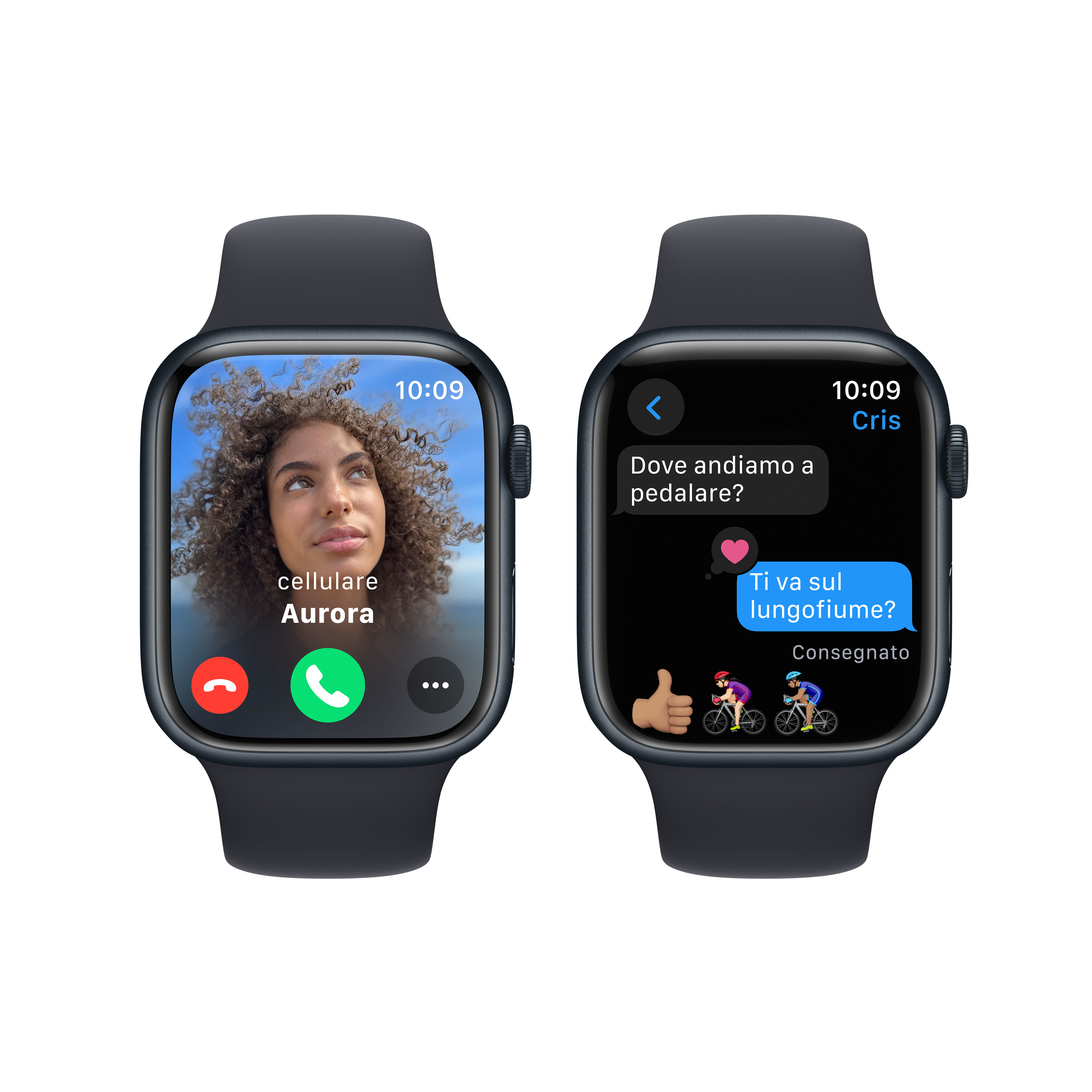 Dos smartwatches: una muestra una videollamada, la otra un mensaje.