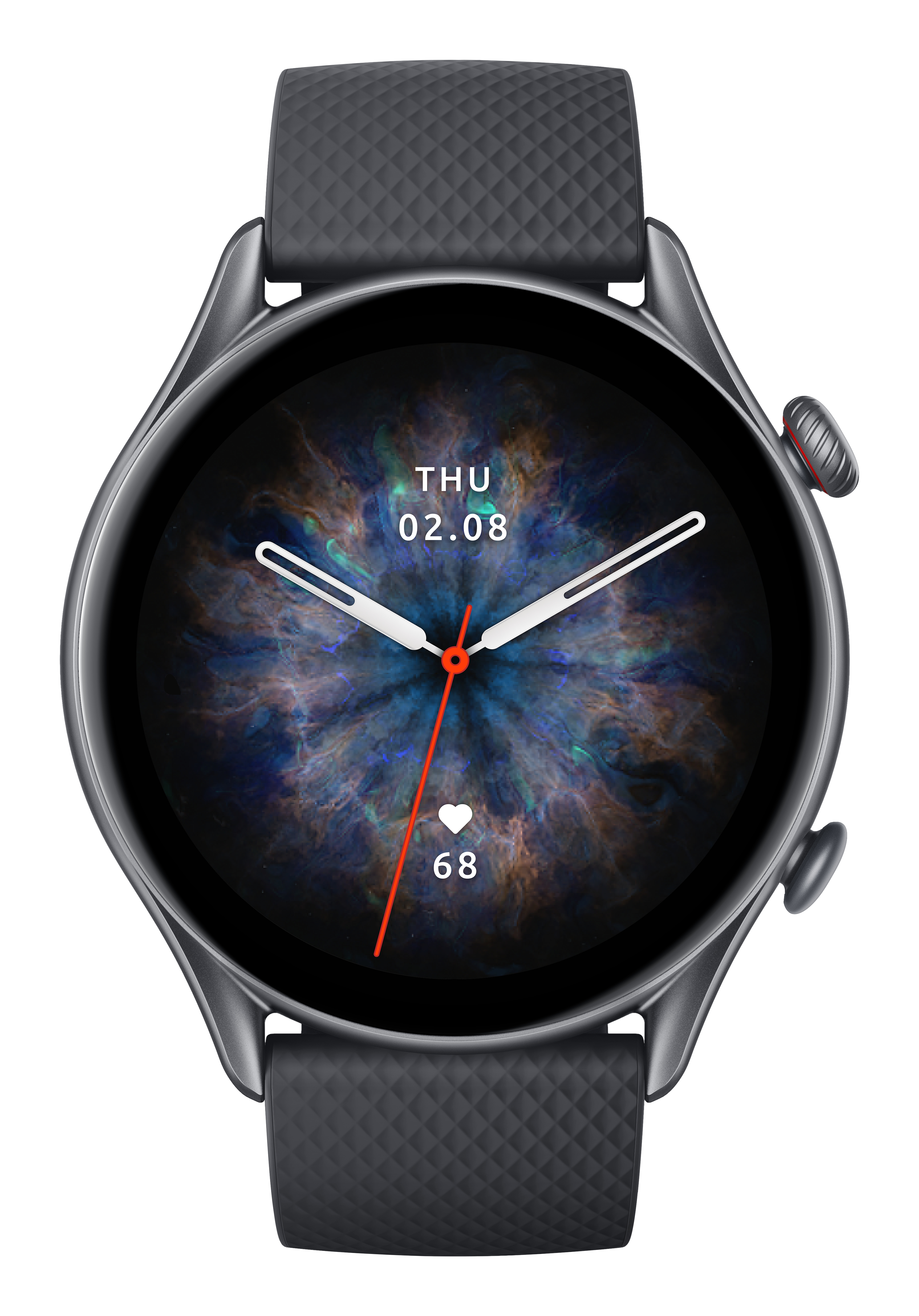 Graue Smartwatch mit digitalem Zifferblatt, das ein kosmisch-blaues Muster anzeigt.