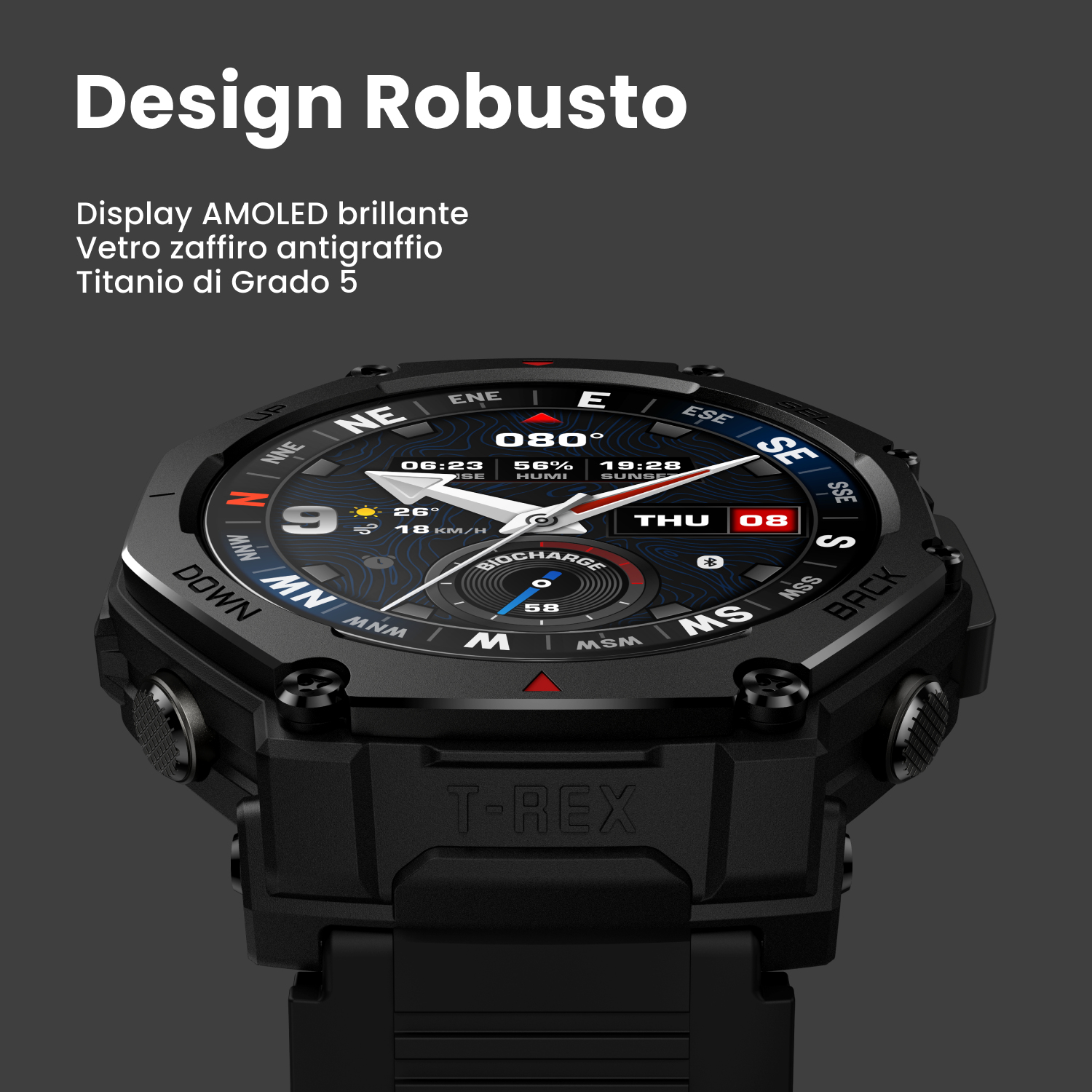 Schwarze Smartwatch mit Kompass-Display, Datum und Wetterdaten.