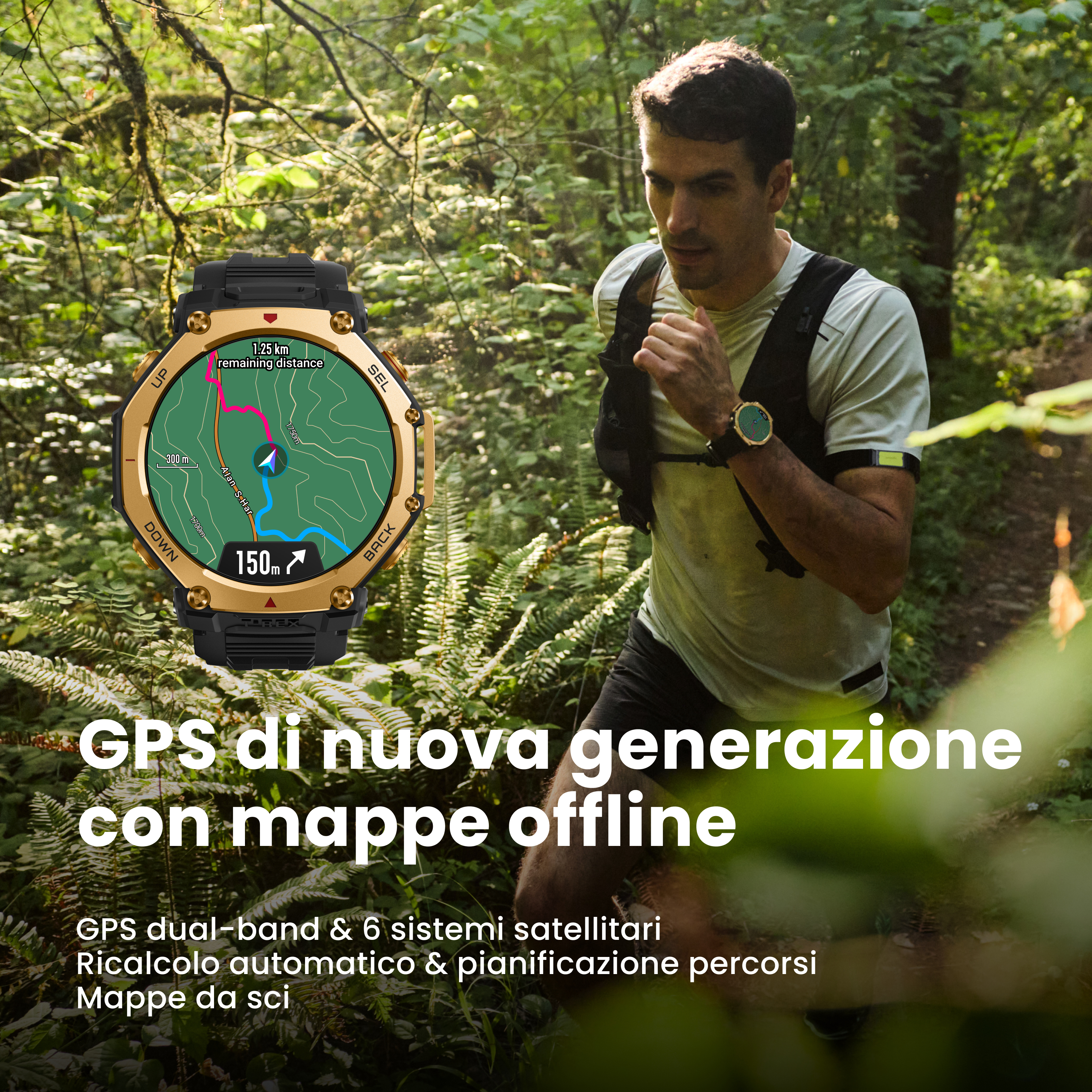 Ein Mann läuft auf einem Waldweg, eine Smartwatch zeigt eine Karte.