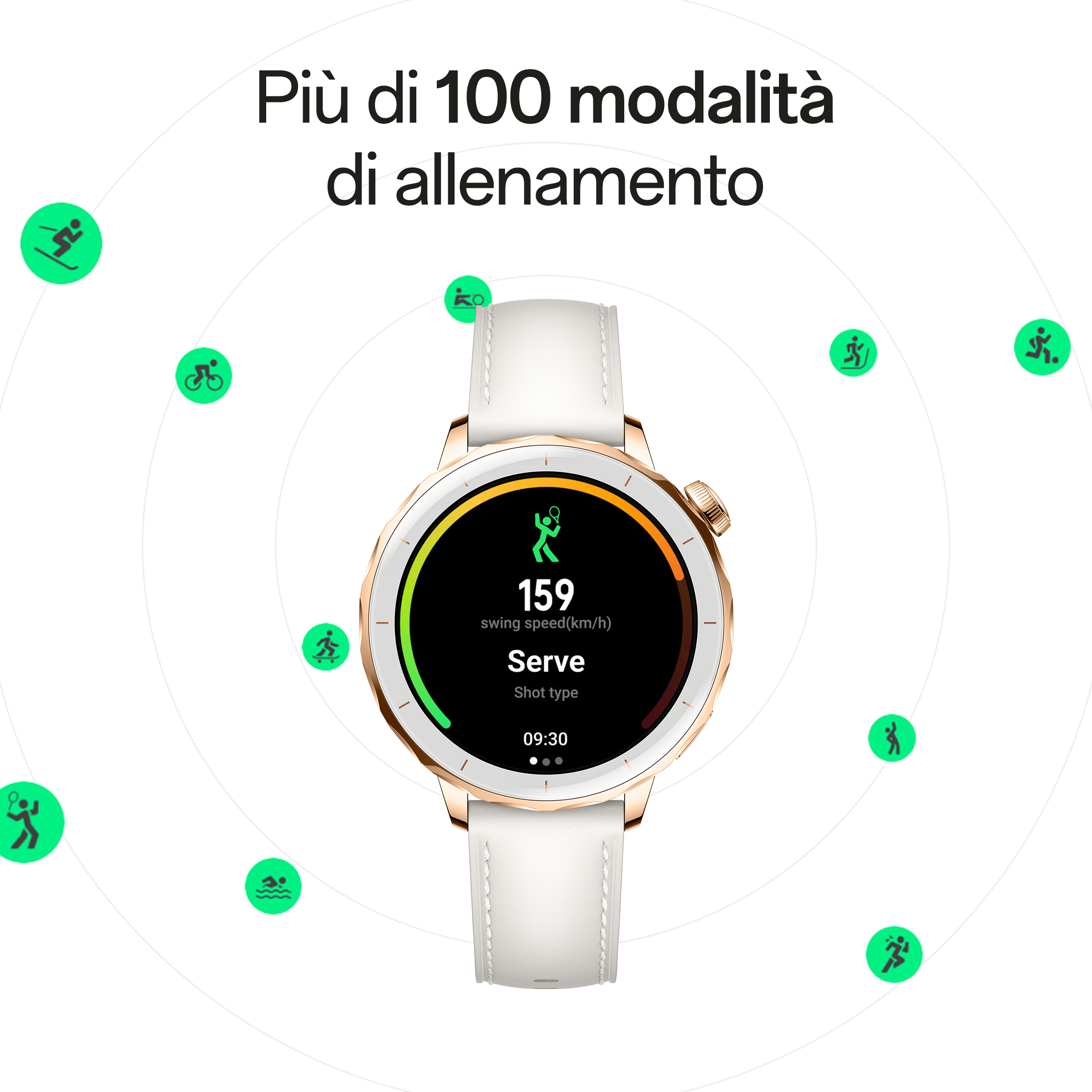 Un smartwatch blanco con caja de oro rosa muestra datos de tenis.
