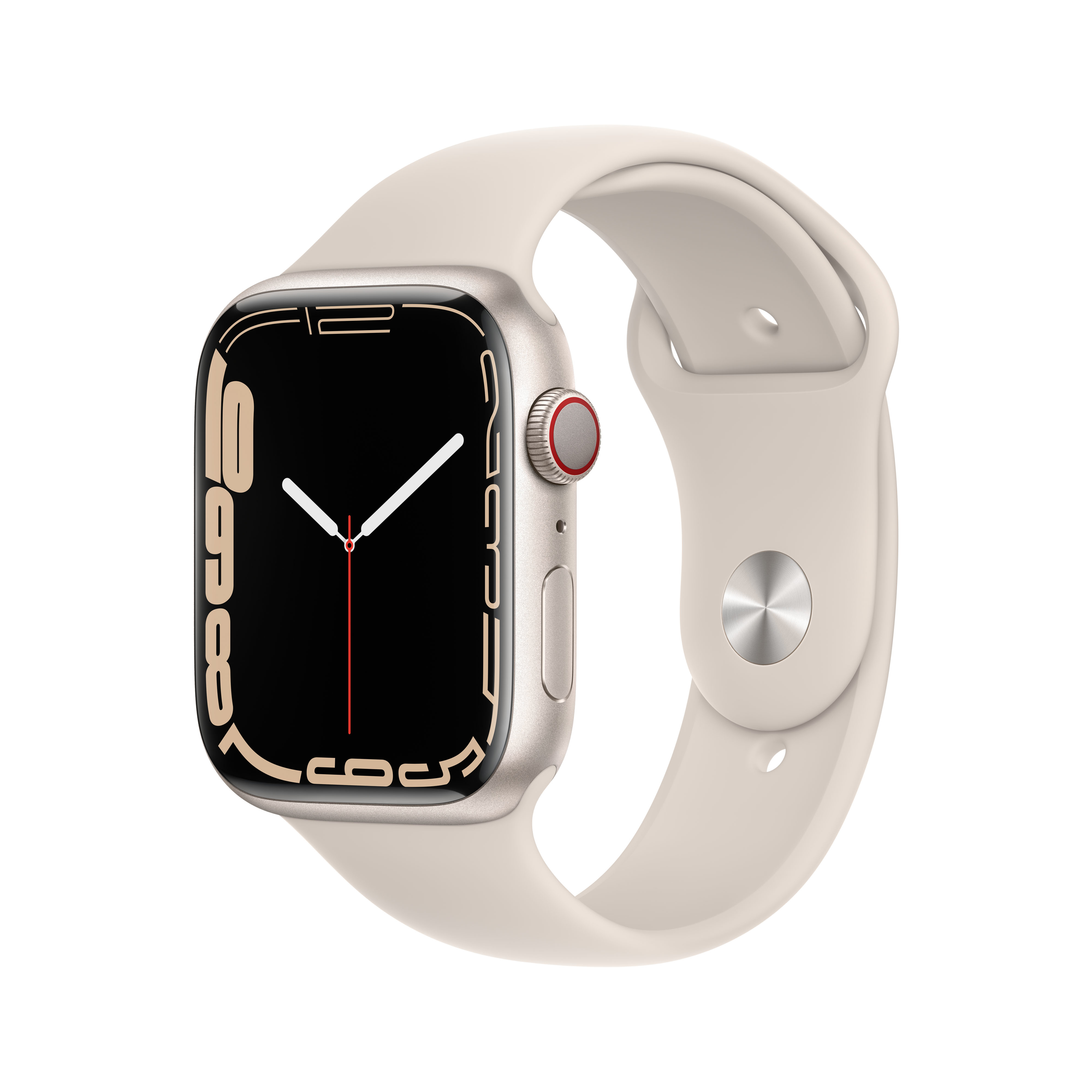 Uno smartwatch oro chiaro con cinturino beige e quadrante nero che mostra l'ora.