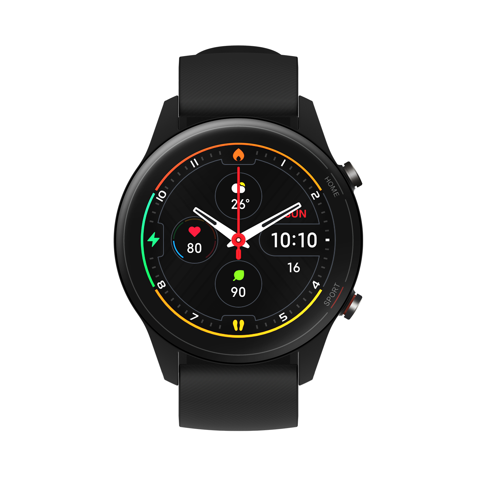Schwarze Smartwatch mit rundem Zifferblatt und weißen Zeigern, zeigt 10:10 Uhr an.
