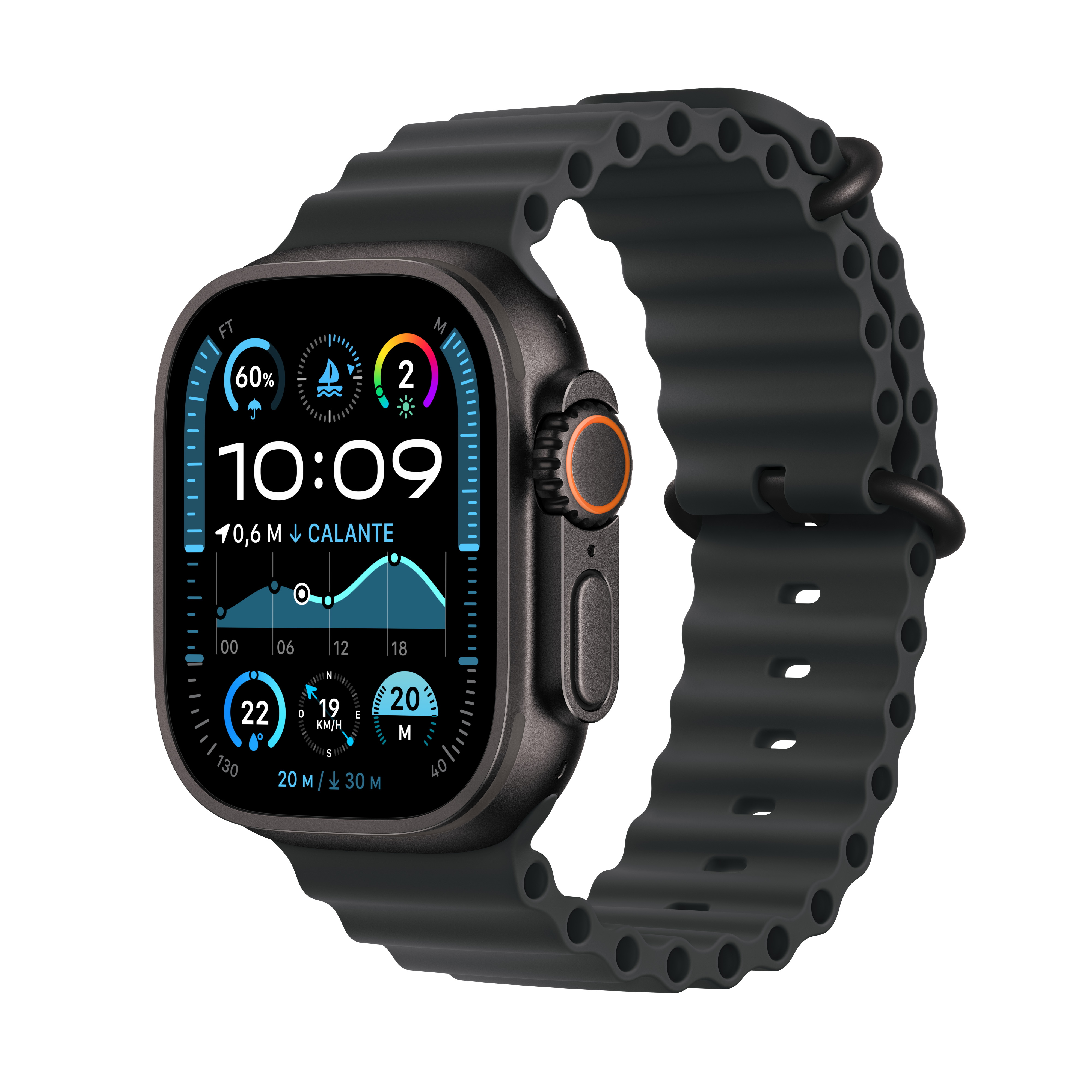 Een grijze smartwatch met donker wijzerplaat toont tijd, weer en snelheid.