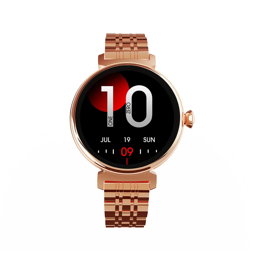 Une montre connectée or rose à cadran rond affiche 10:09.