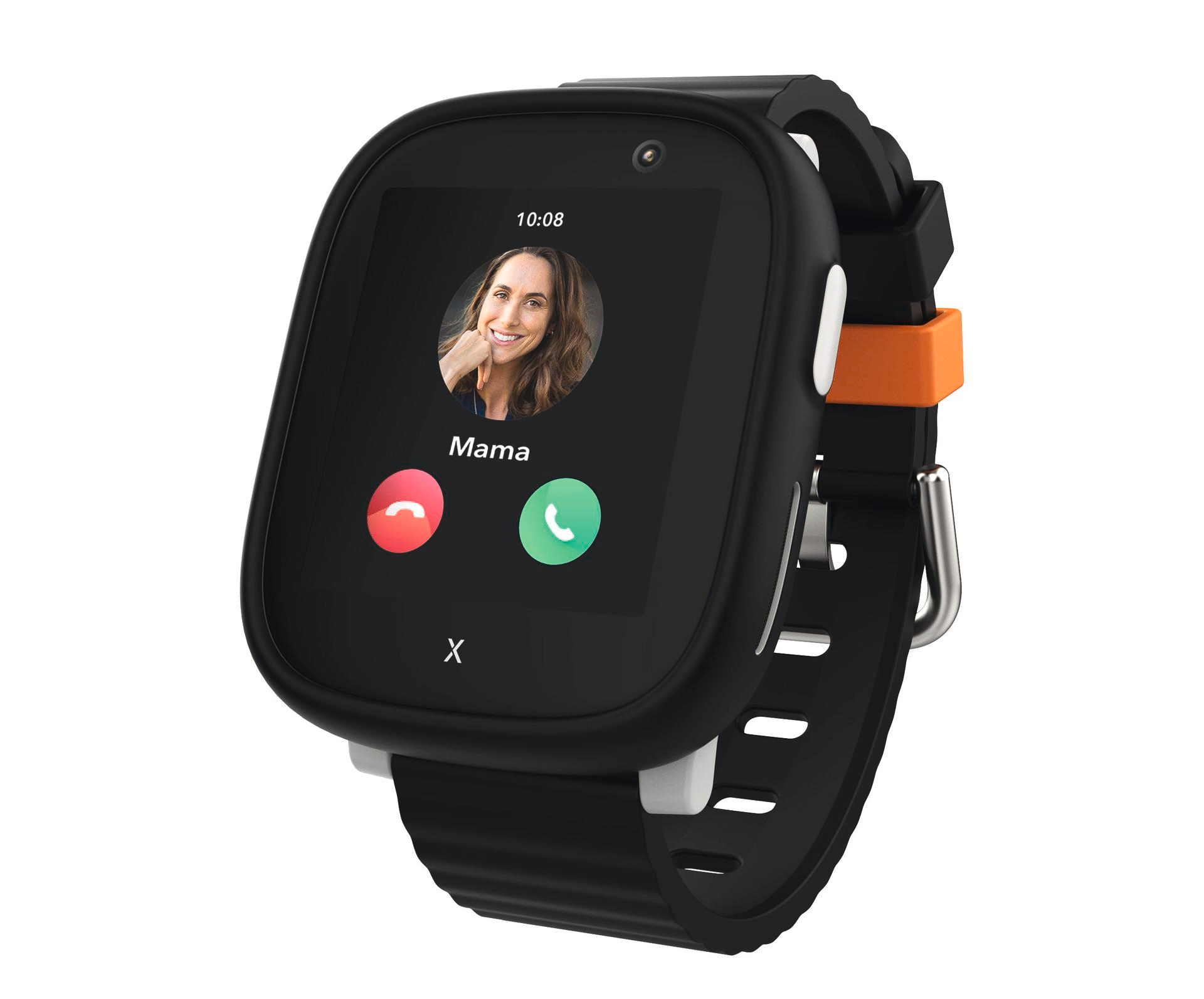 Ein schwarzes Smartwatch-Display zeigt einen eingehenden Anruf von Mama mit Foto und Optionen zum Annehmen/Ablehnen.