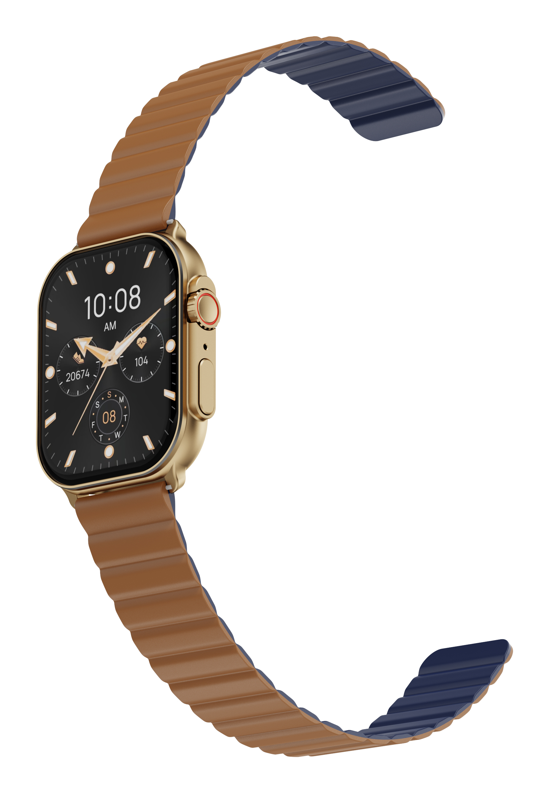 Orologio intelligente dorato con cinturino marrone e blu su sfondo bianco.