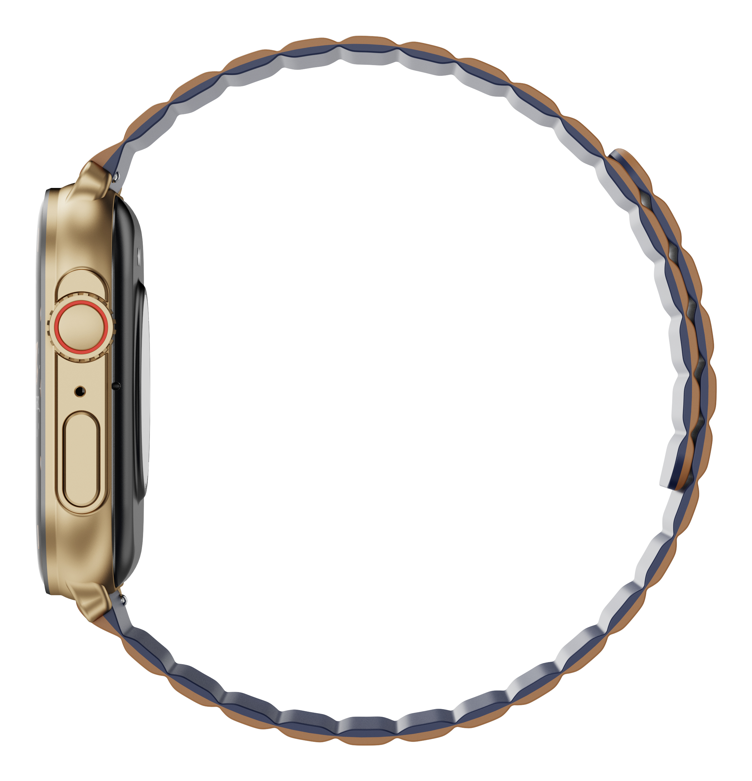 Orologio smart dorato con cinturino marrone e blu su sfondo bianco.