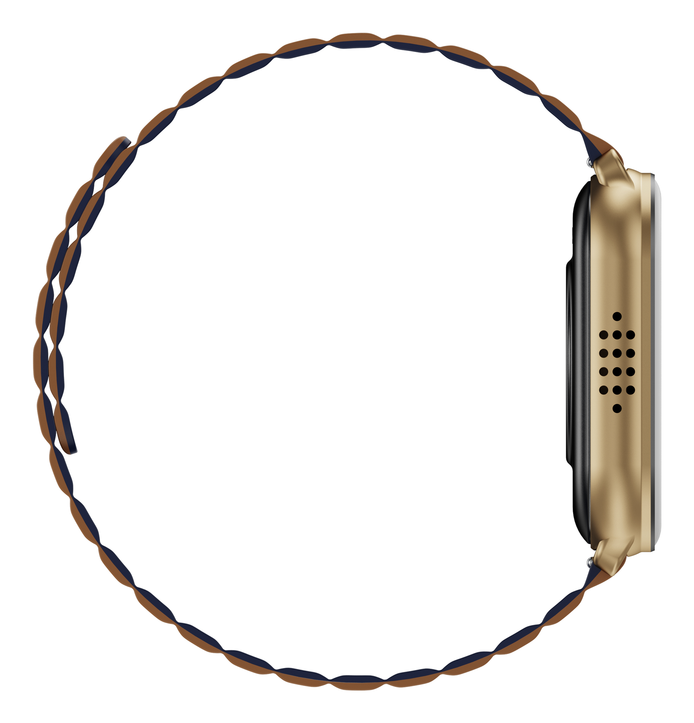 Smartwatch dorato con cinturino intrecciato marrone e blu su sfondo bianco.