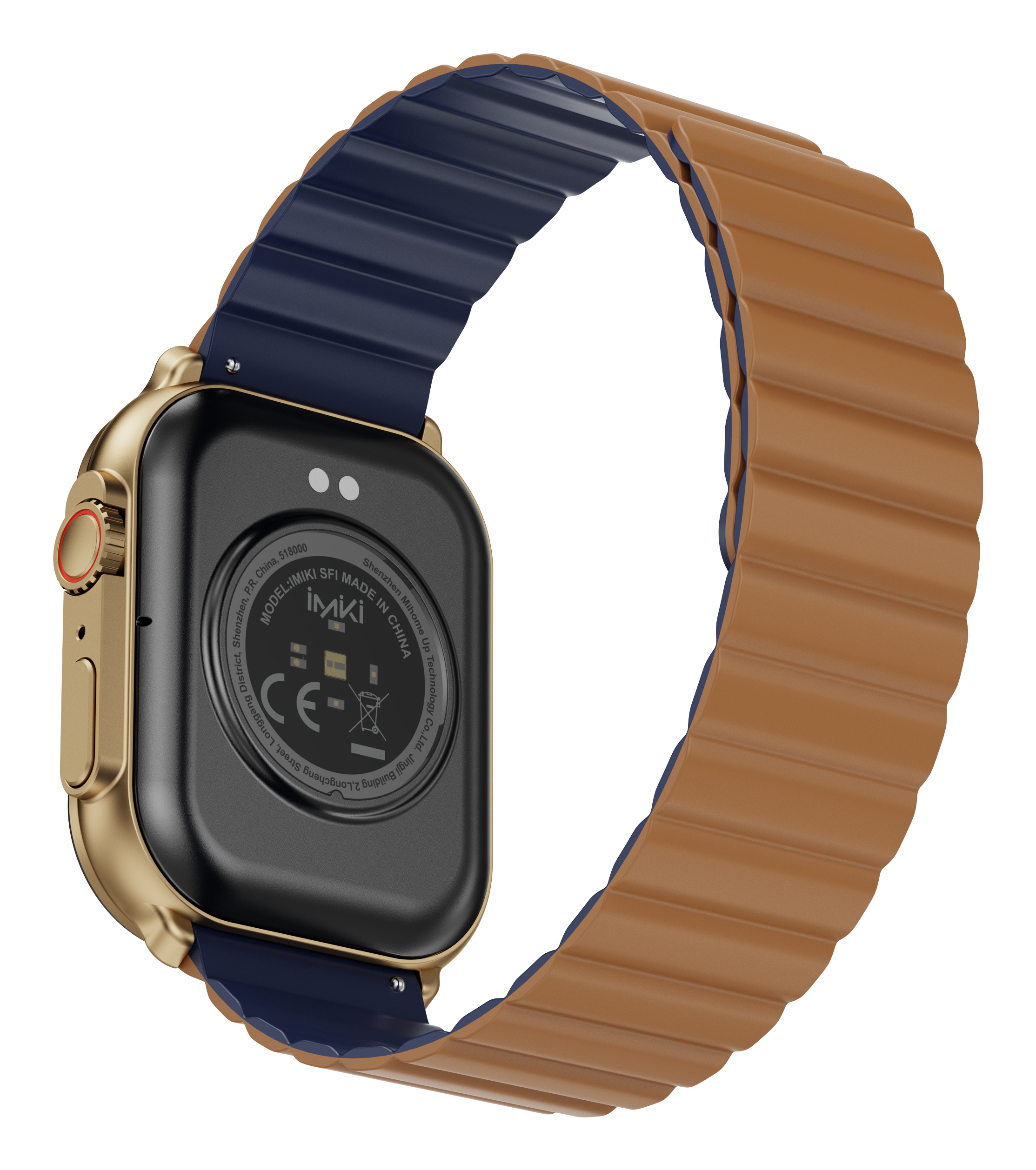Smartwatch dorato con cinturino marrone e blu, retro visibile.
