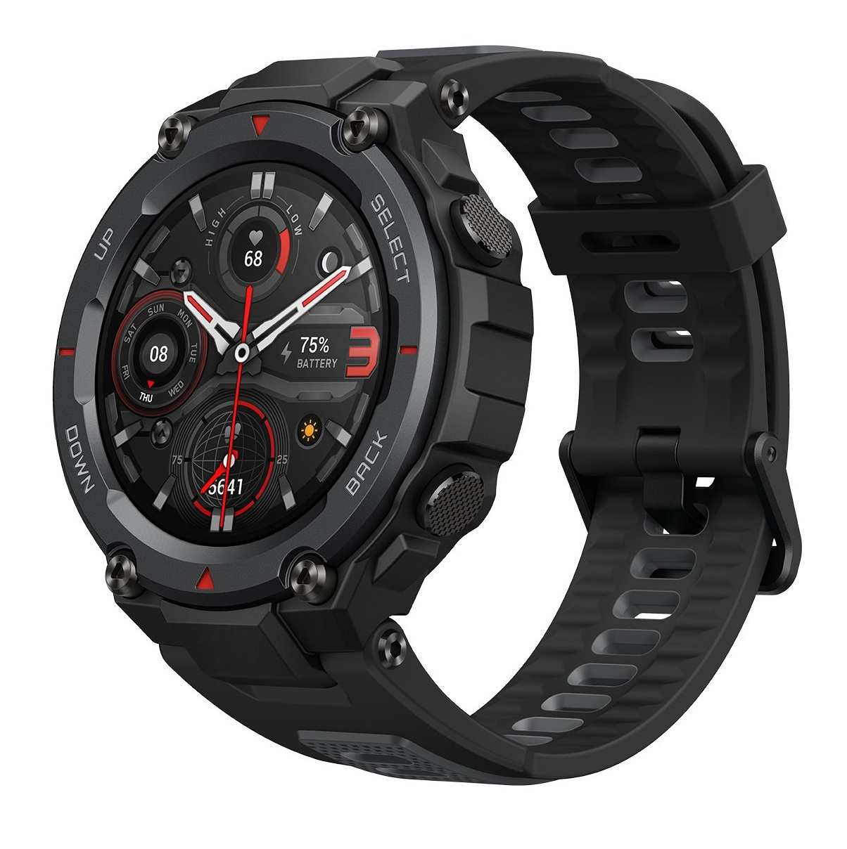 Schwarze Smartwatch mit rundem Digitaldisplay, zeigt 68 Herzfrequenz, 75% Akku.