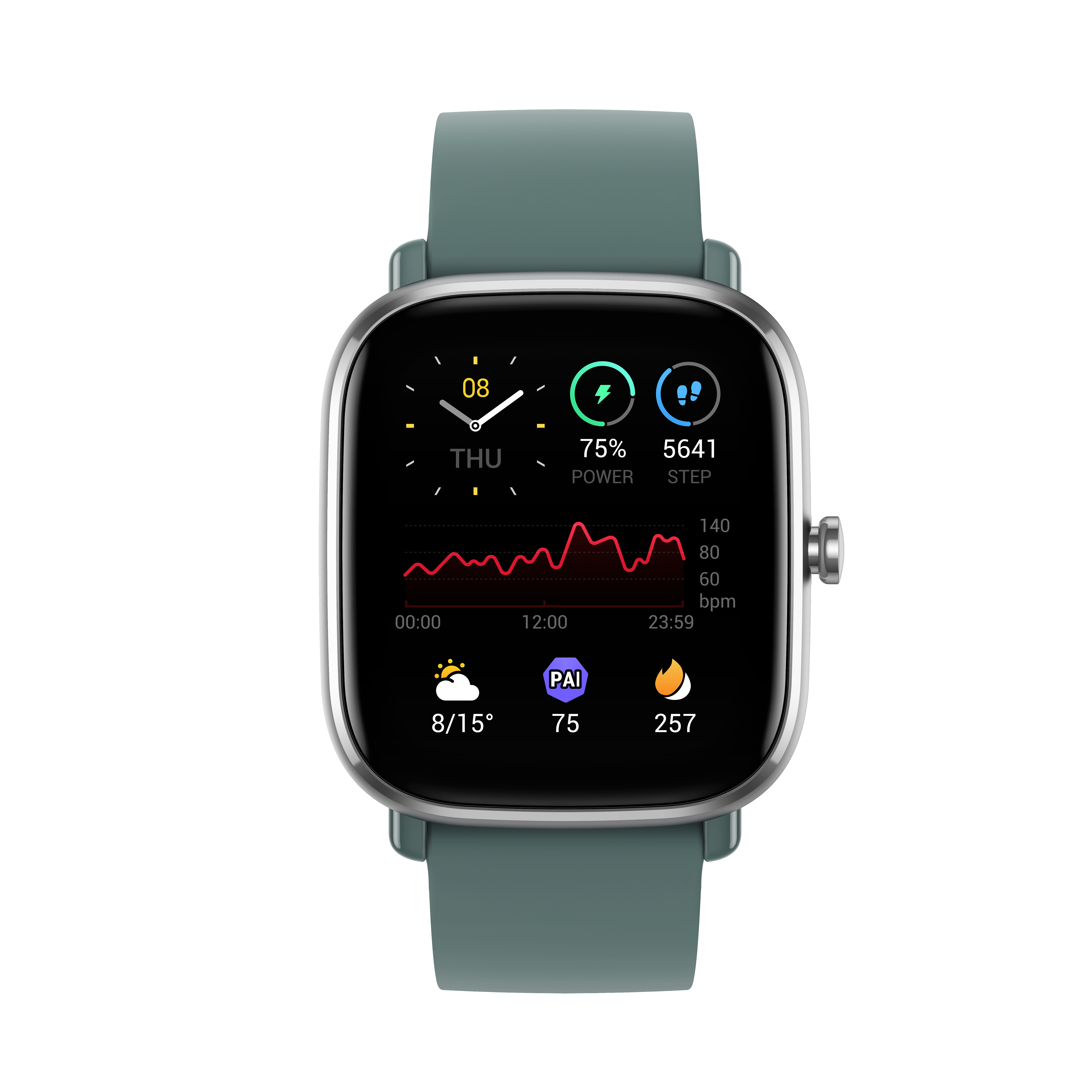 Smartwatch con cinturino verde mostra ora, passi, battito e meteo.
