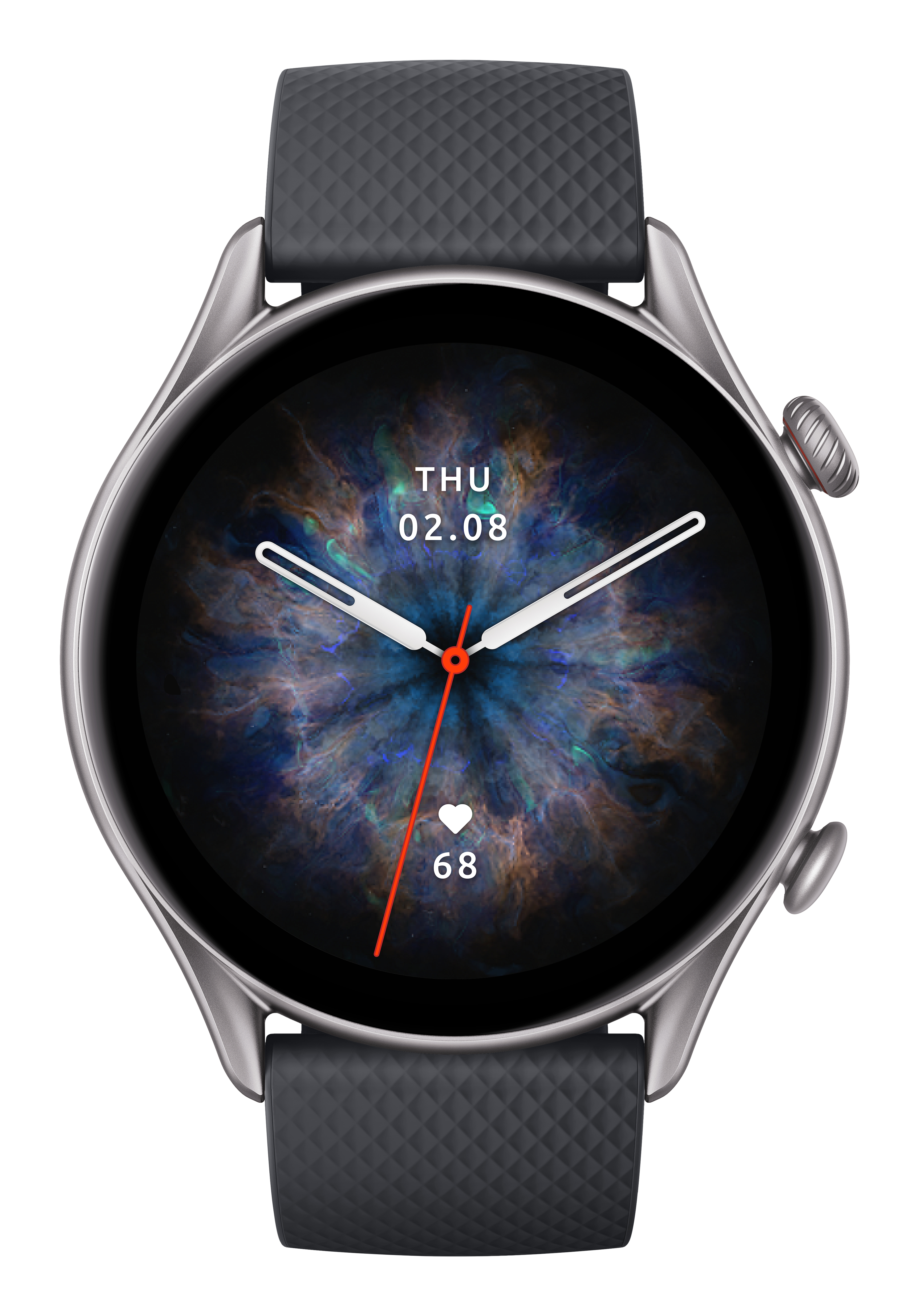 Smartwatch grigio con quadrante rotondo che mostra data e battito cardiaco.