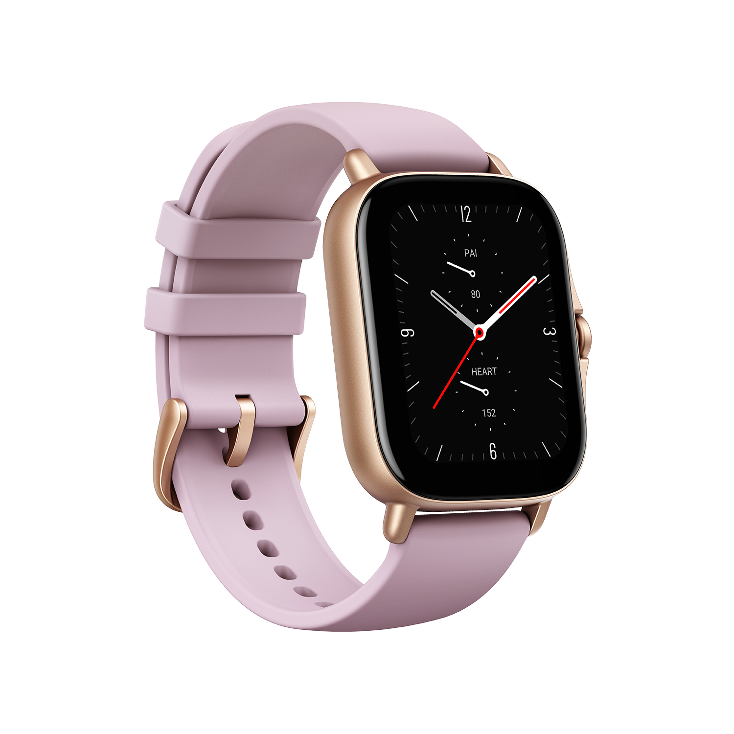 Uno smartwatch rosa con cassa dorata e quadrante nero.