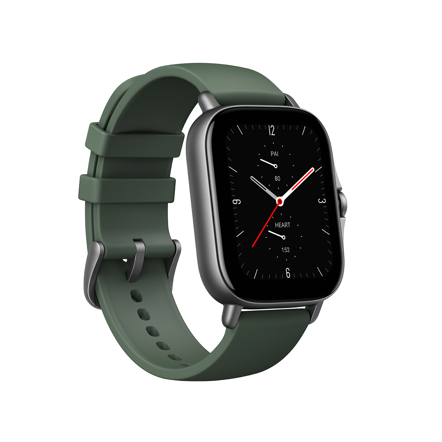 Eine quadratische Smartwatch mit grünem Silikonarmband und dunklem Display.