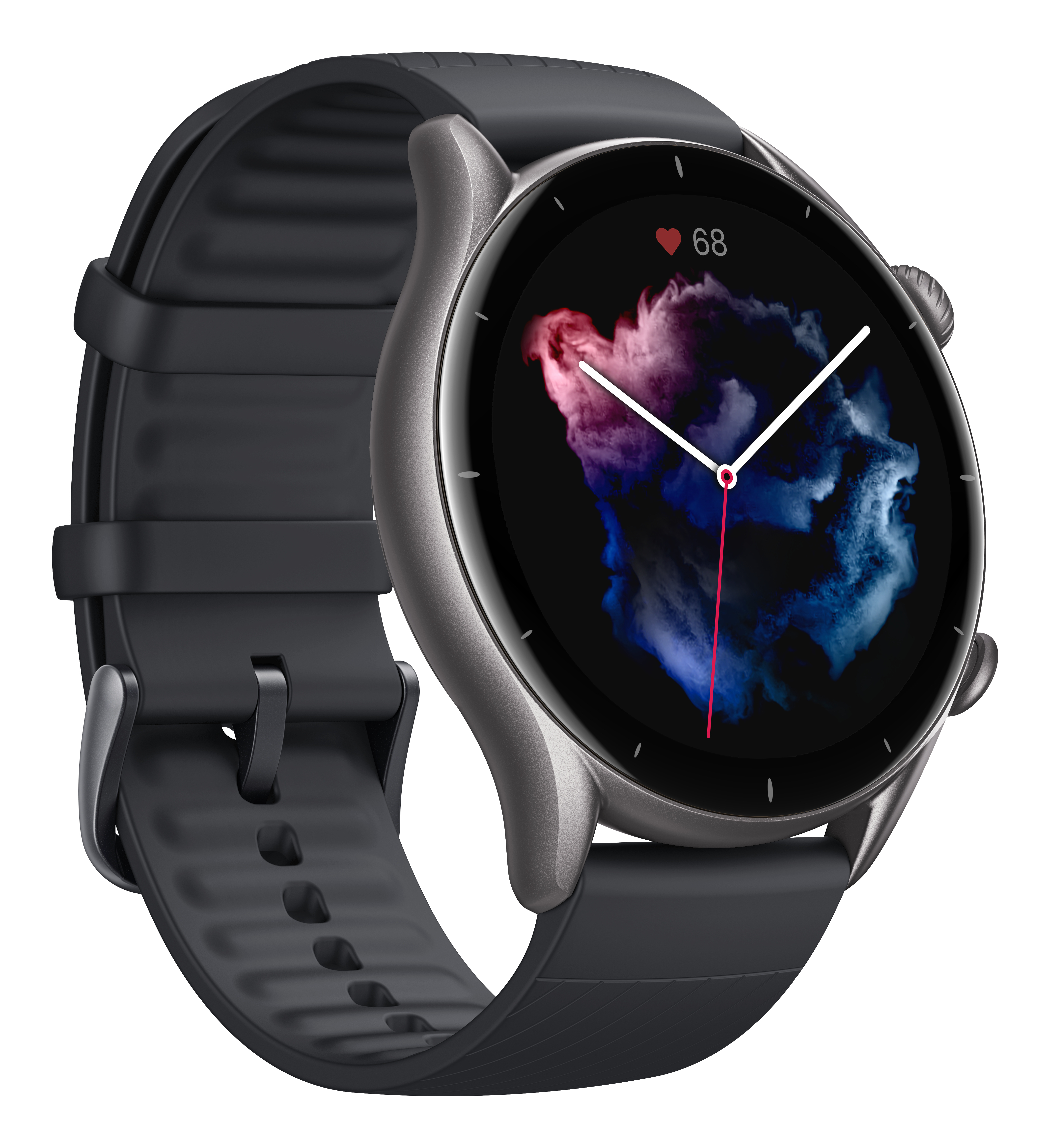 Uno smartwatch grigio con cinturino nero e quadrante colorato.