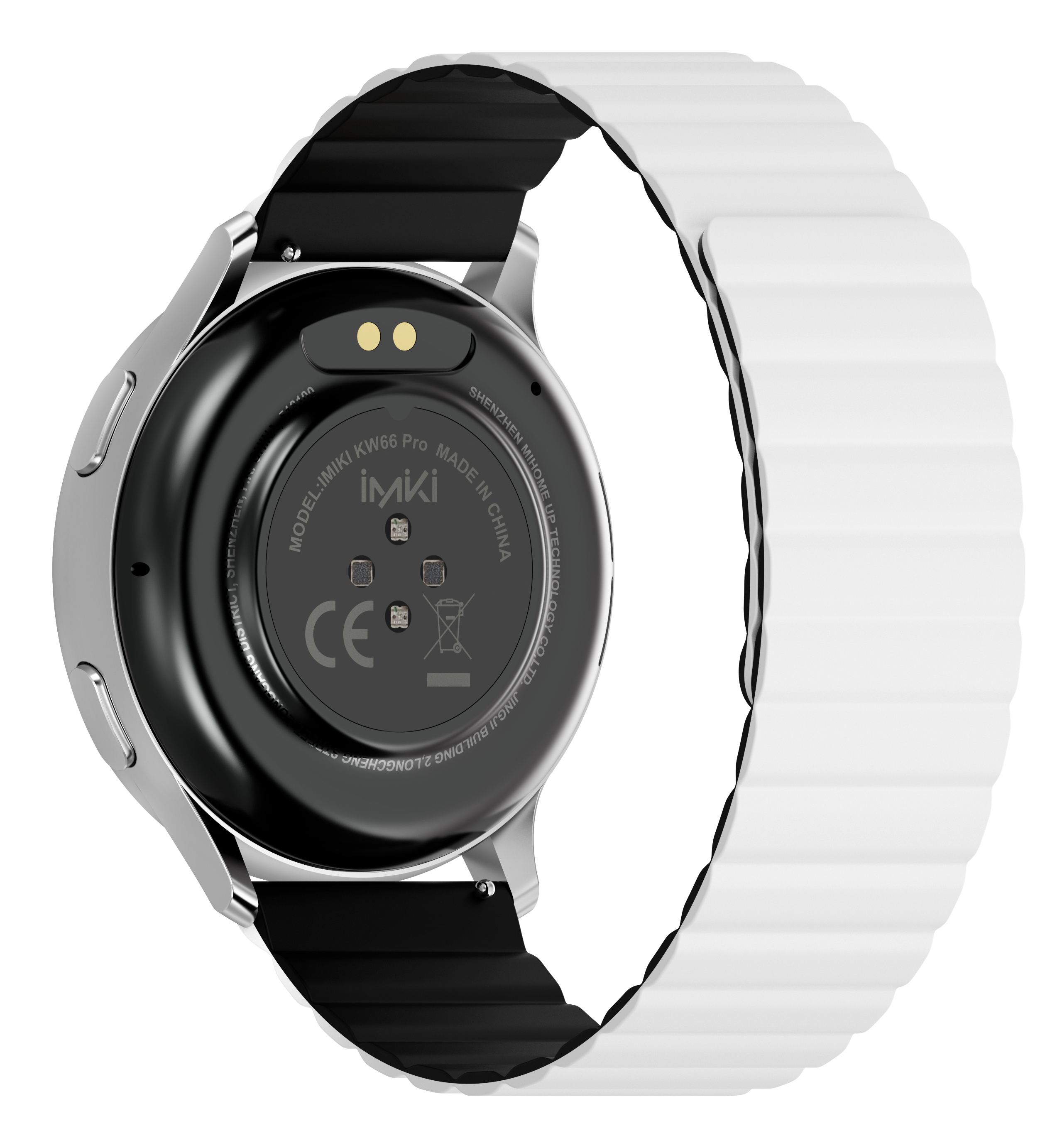 Primo piano del retro di uno smartwatch con cinturino bianco e quadrante nero.