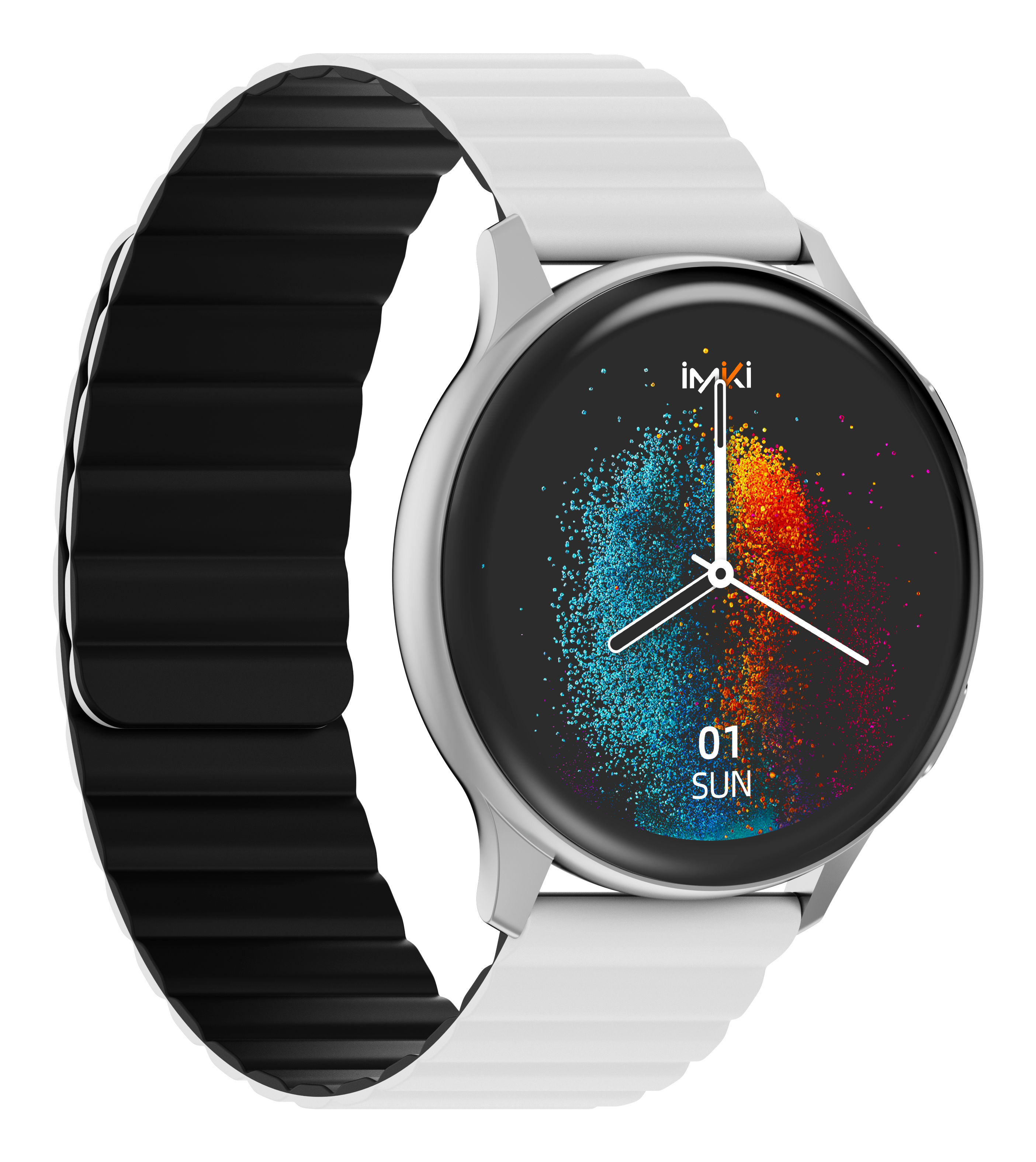 Smartwatch argentato con cinturino bianco, fodera interna nera. Display digitale mostra 01 DOM.