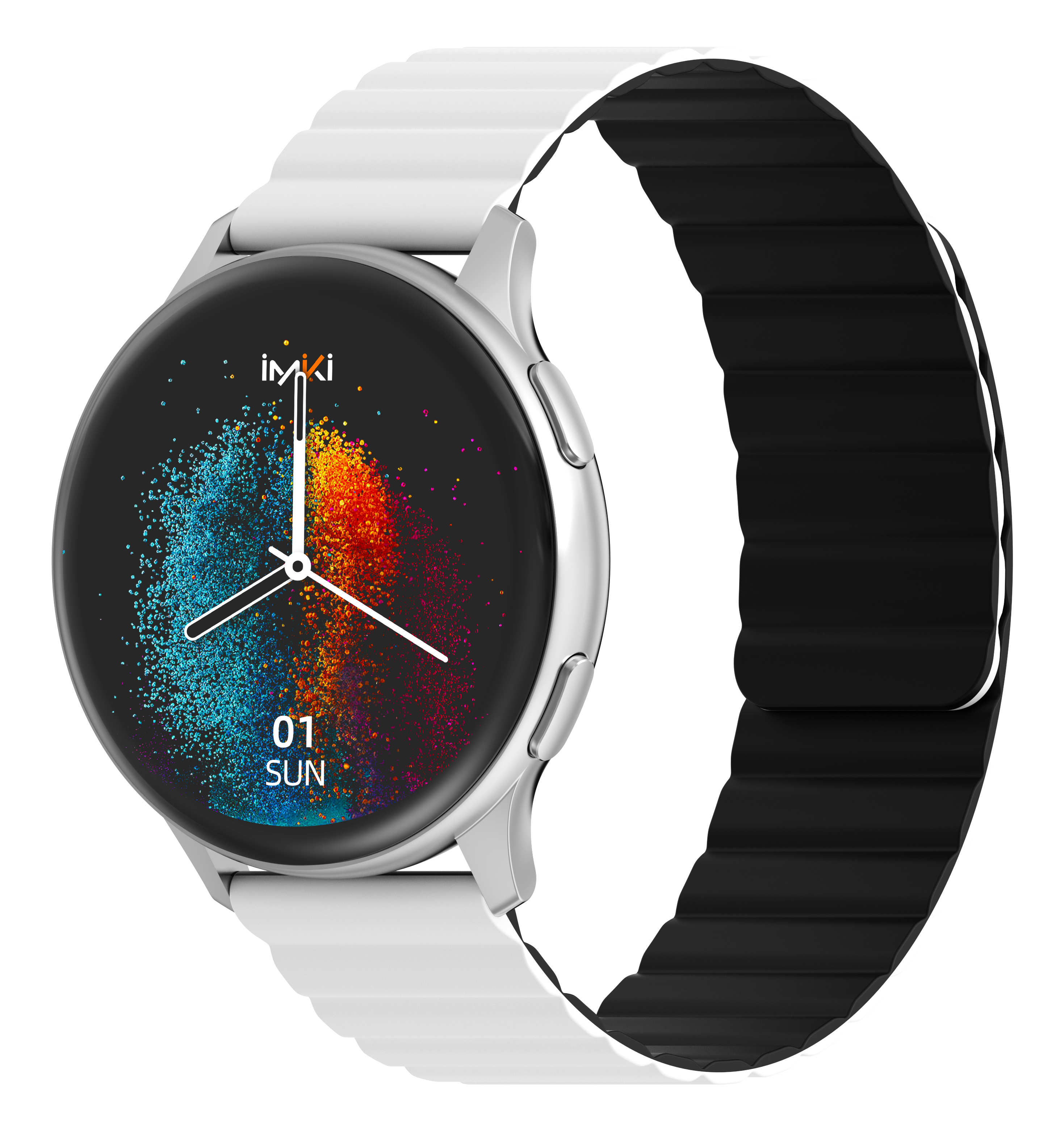 Smartwatch argento con cinturino bianco e display digitale.