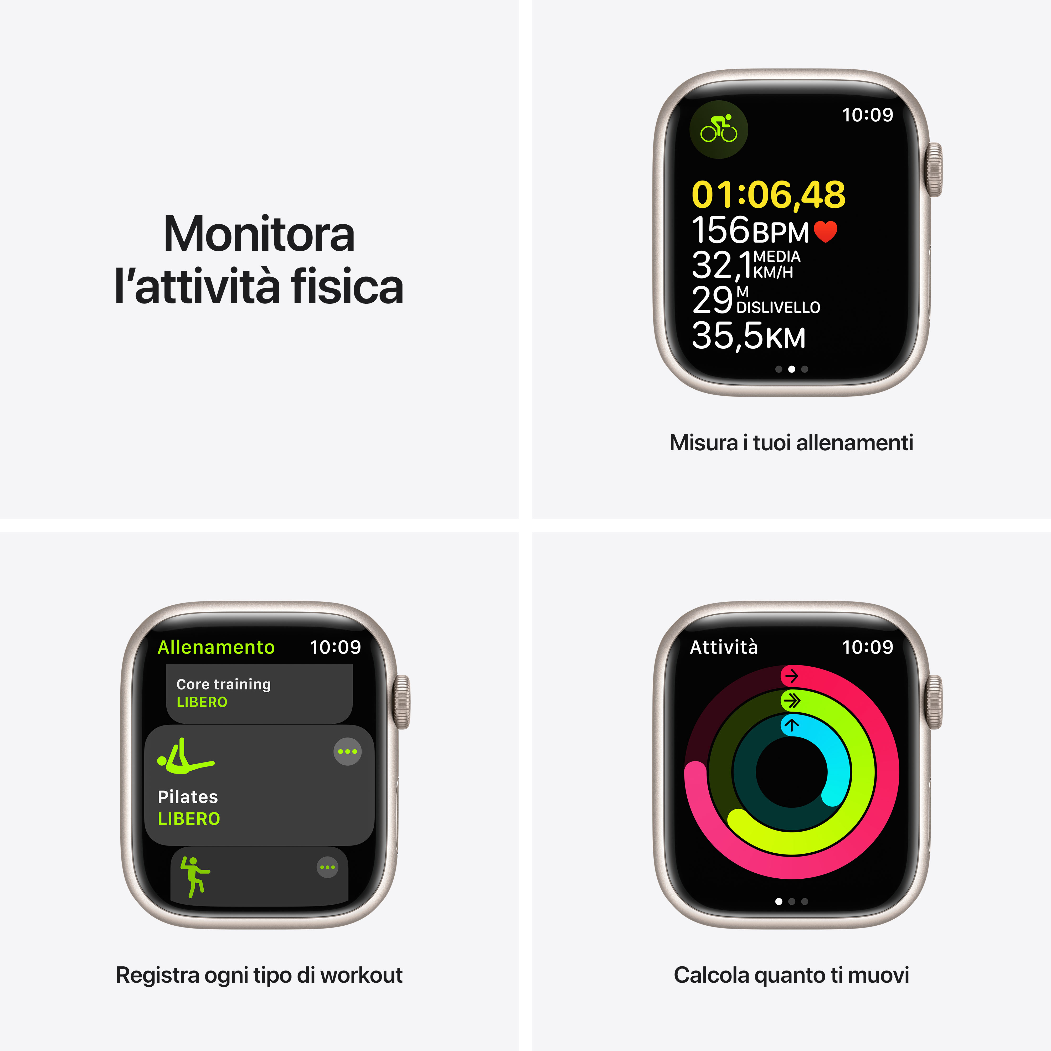 Apple Watch muestra datos de entrenamiento, anillos de actividad y lista.