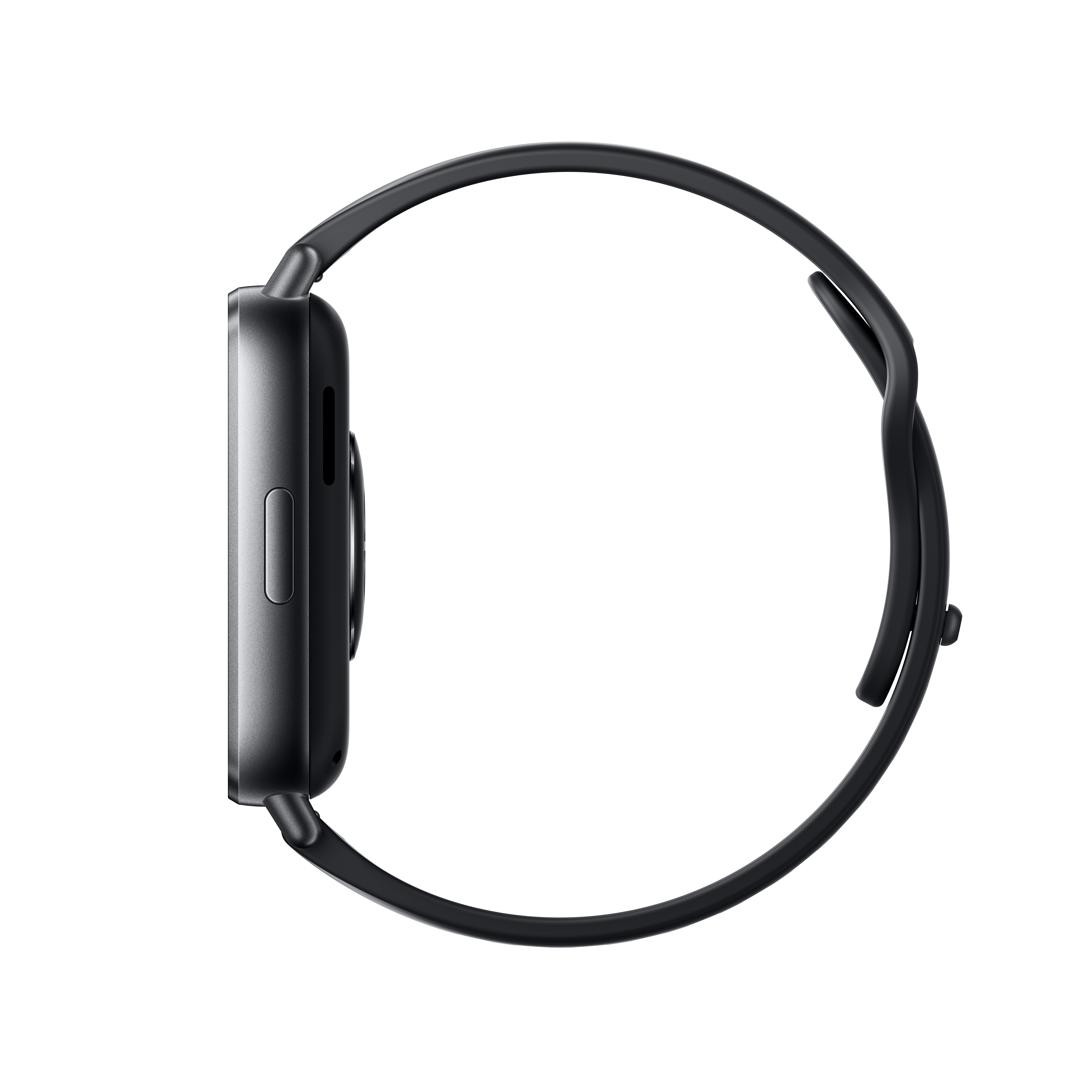 Eine schwarze Smartwatch mit Armband, von der Seite gesehen, auf weißem Hintergrund.