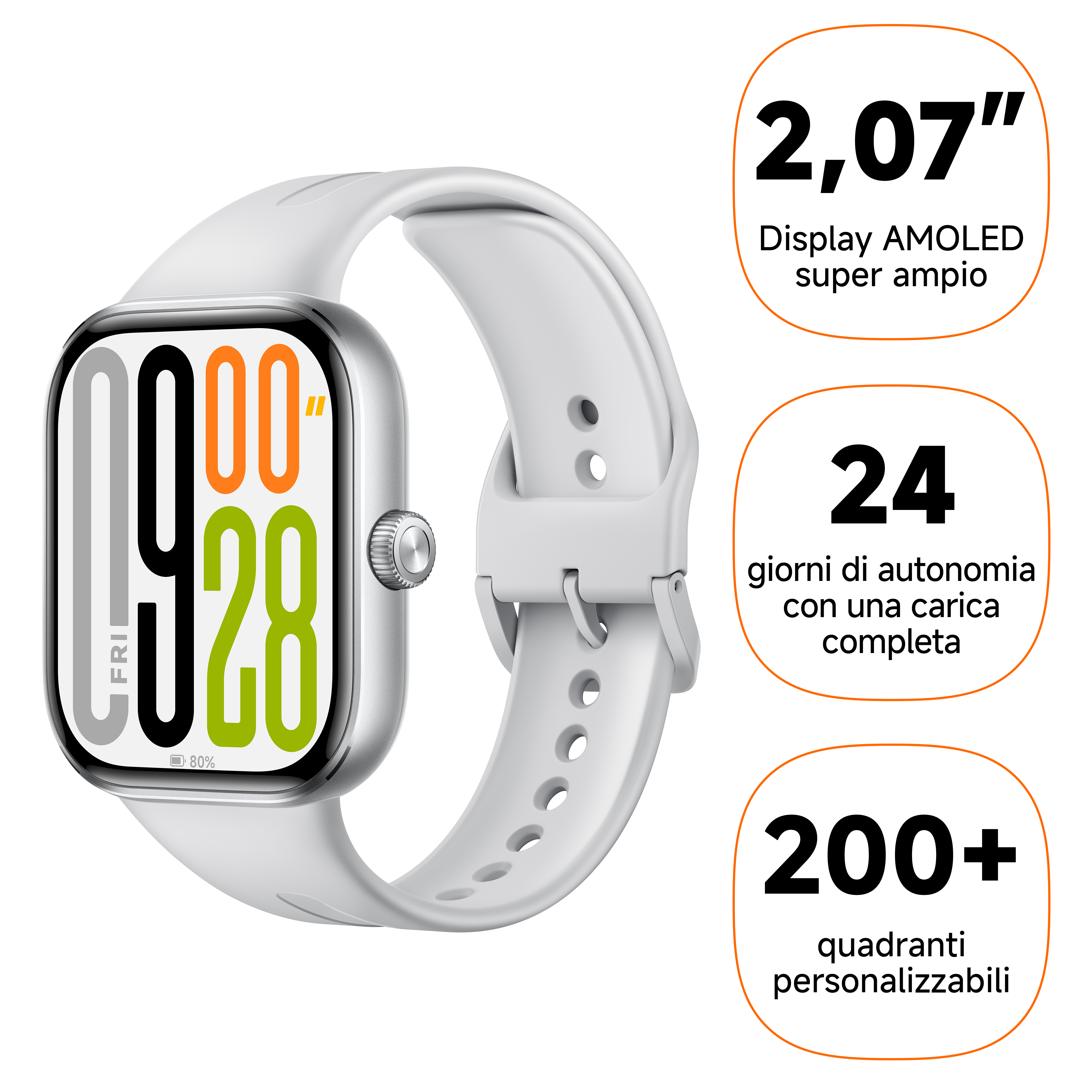 Biały smartwatch ze srebrną obudową i cyfrową tarczą.